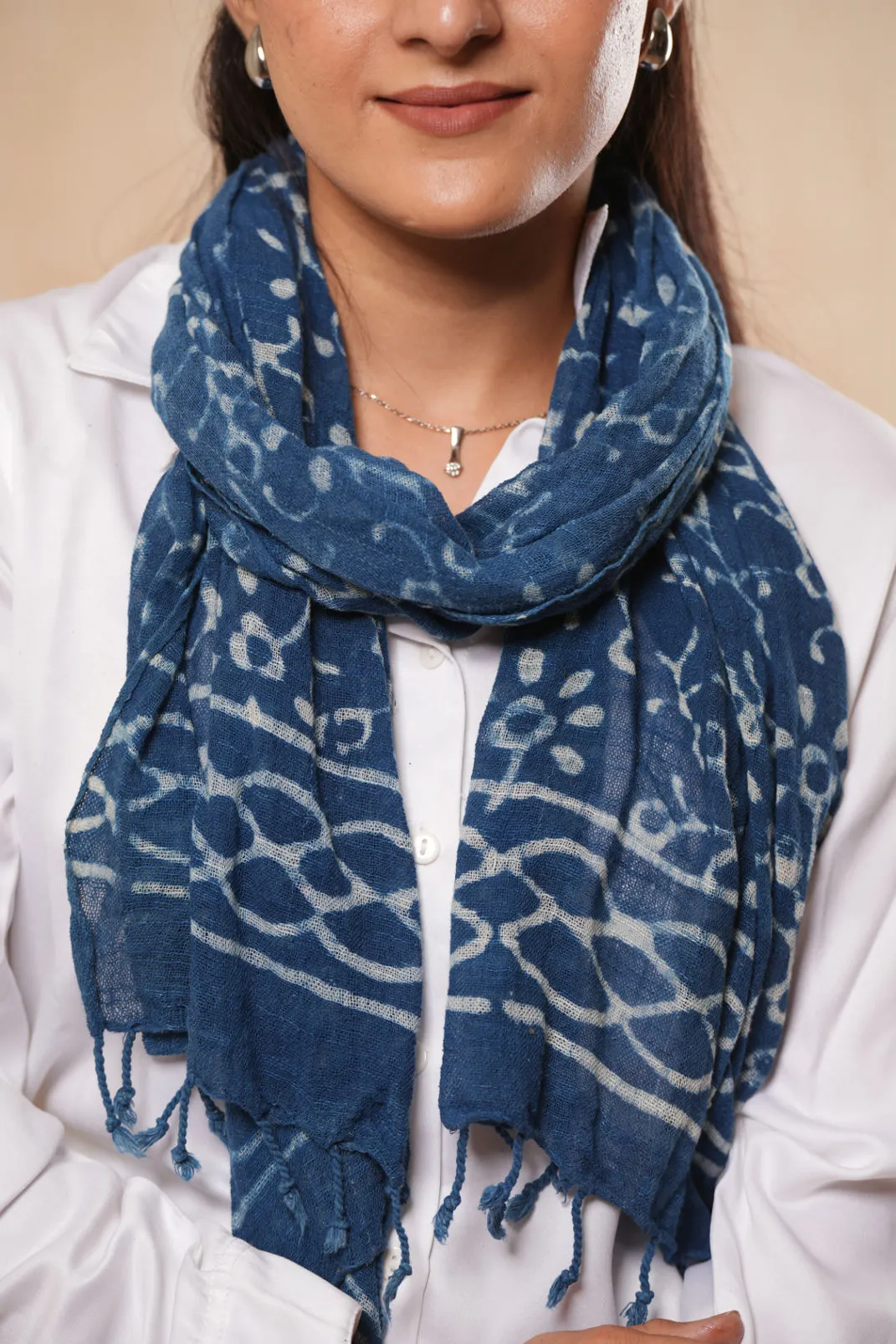 Indigo Cotton Dabu Printed Handmade Scarf Stole - #D4