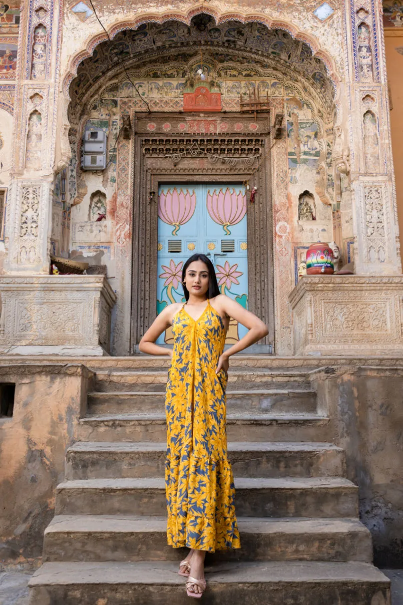 Yellow Silk Sari Printed Halter Backless Maxi Dress