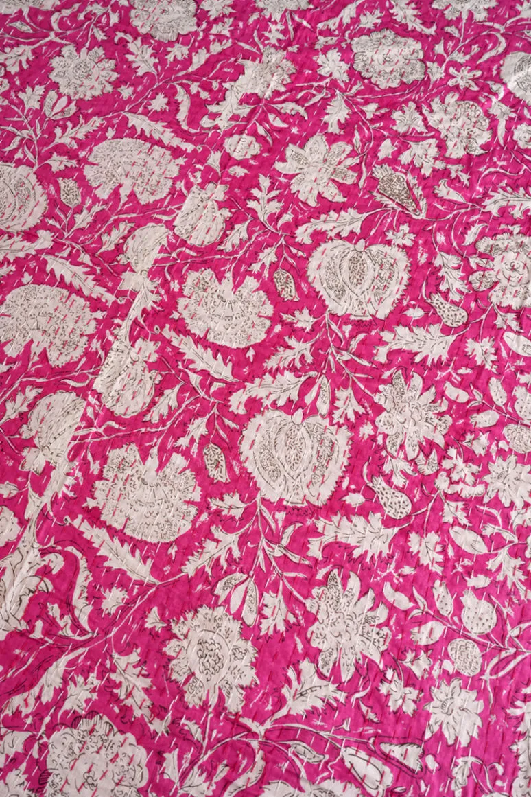 Pink Printed Cotton Leafy Kantha Bedspread