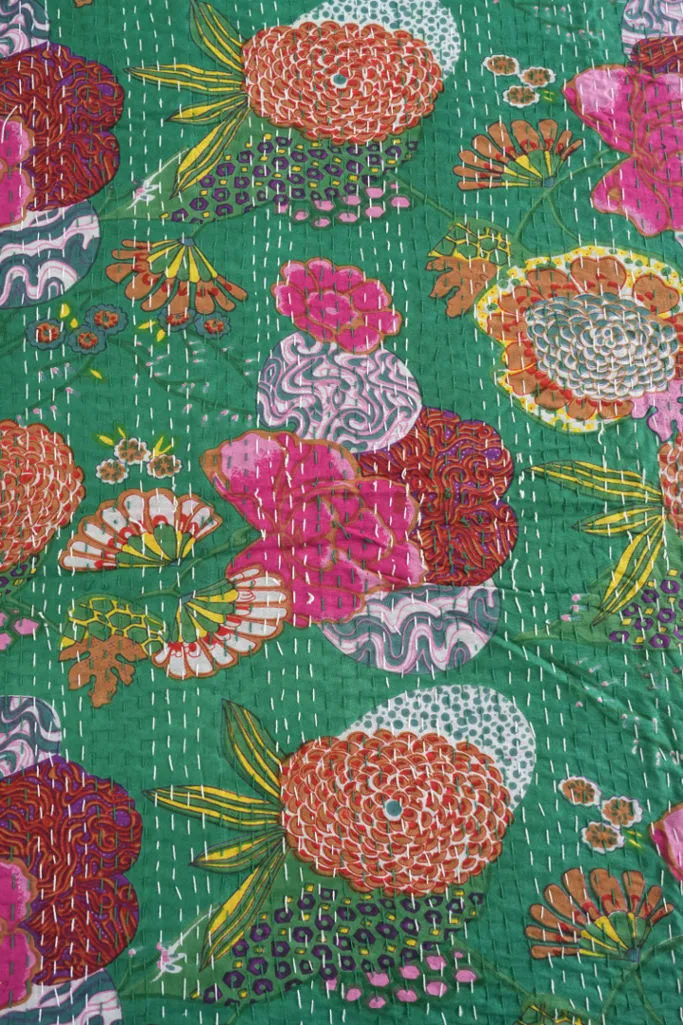 Green Printed Cotton Kantha Quilt