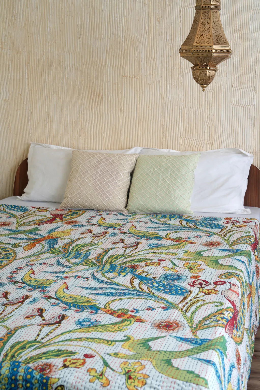 Peacock Kantha Quilt - White