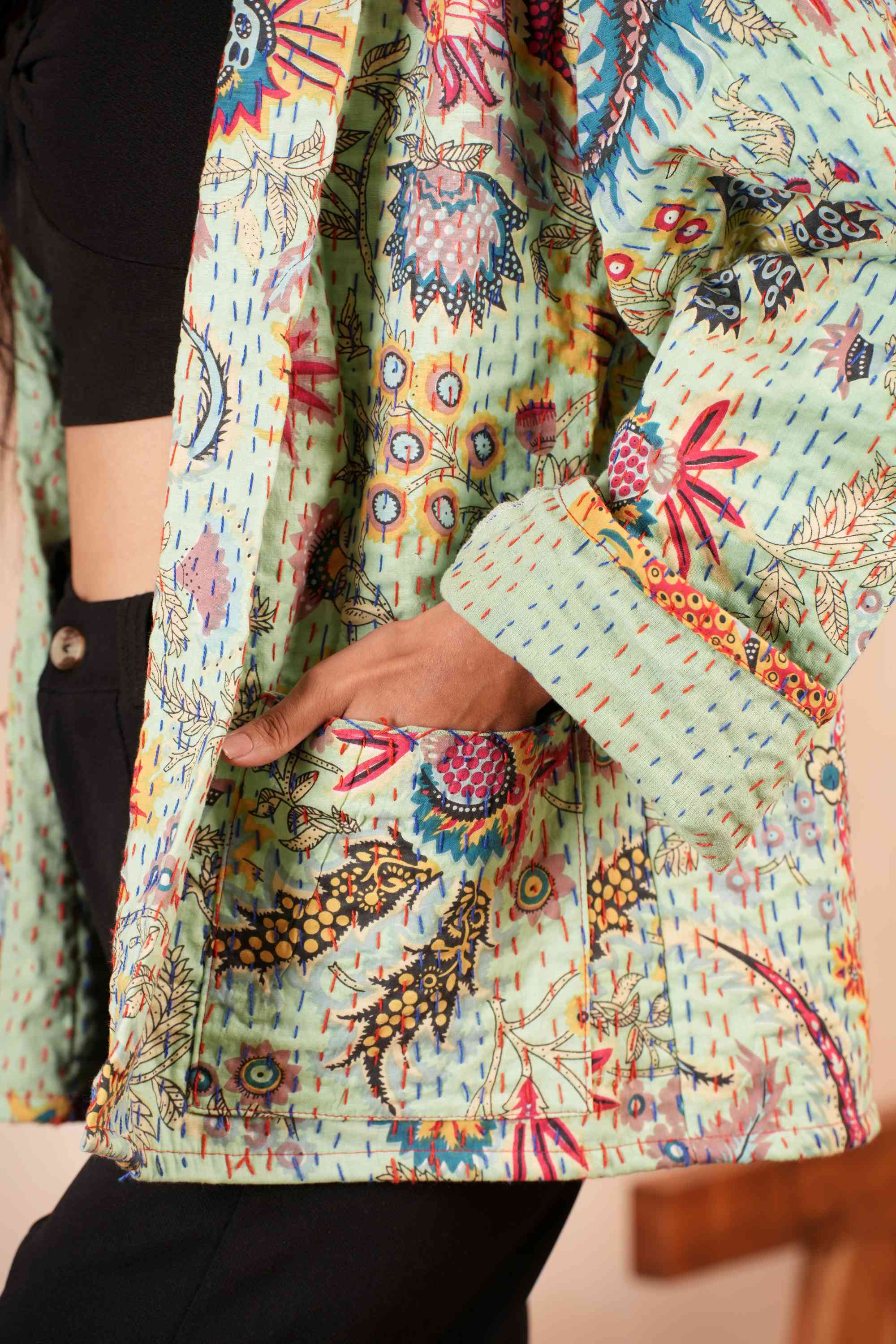 Handmade Green Wildflower Kantha Jacket