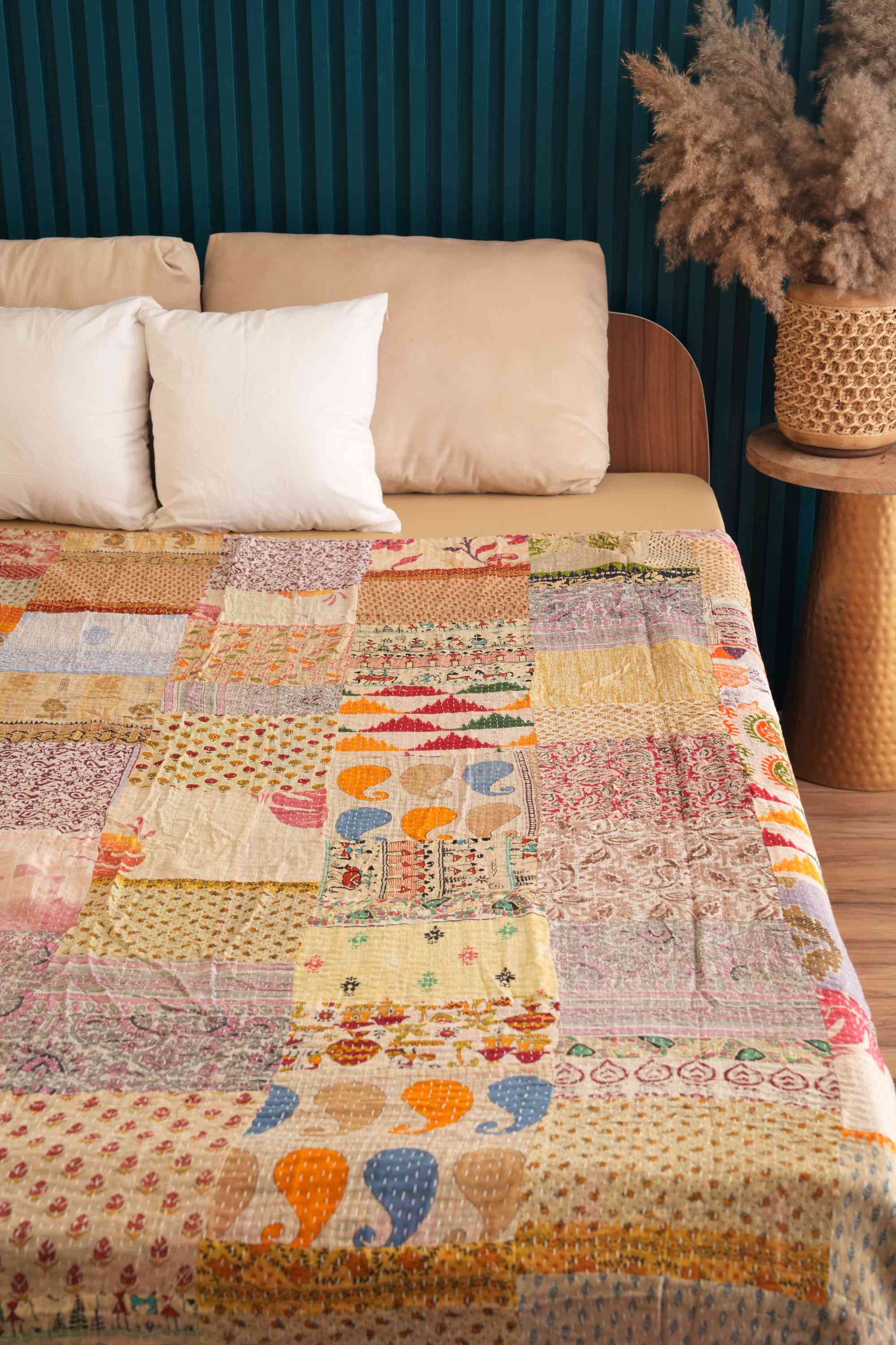 Handmade Beige Vintage Patchwork Kantha Quilt