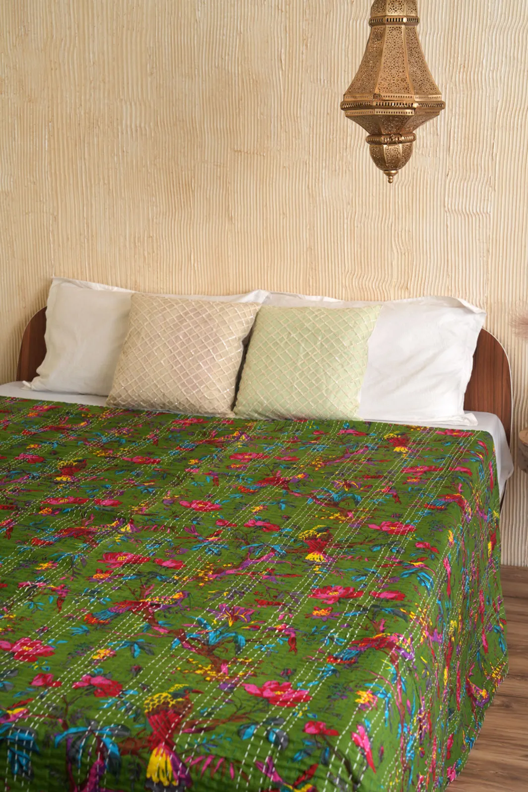 Handmade Green Kantha Quilt with Birds and Flowers, Indian Bedspread, Floral Bed Cover, Unique Home Decor