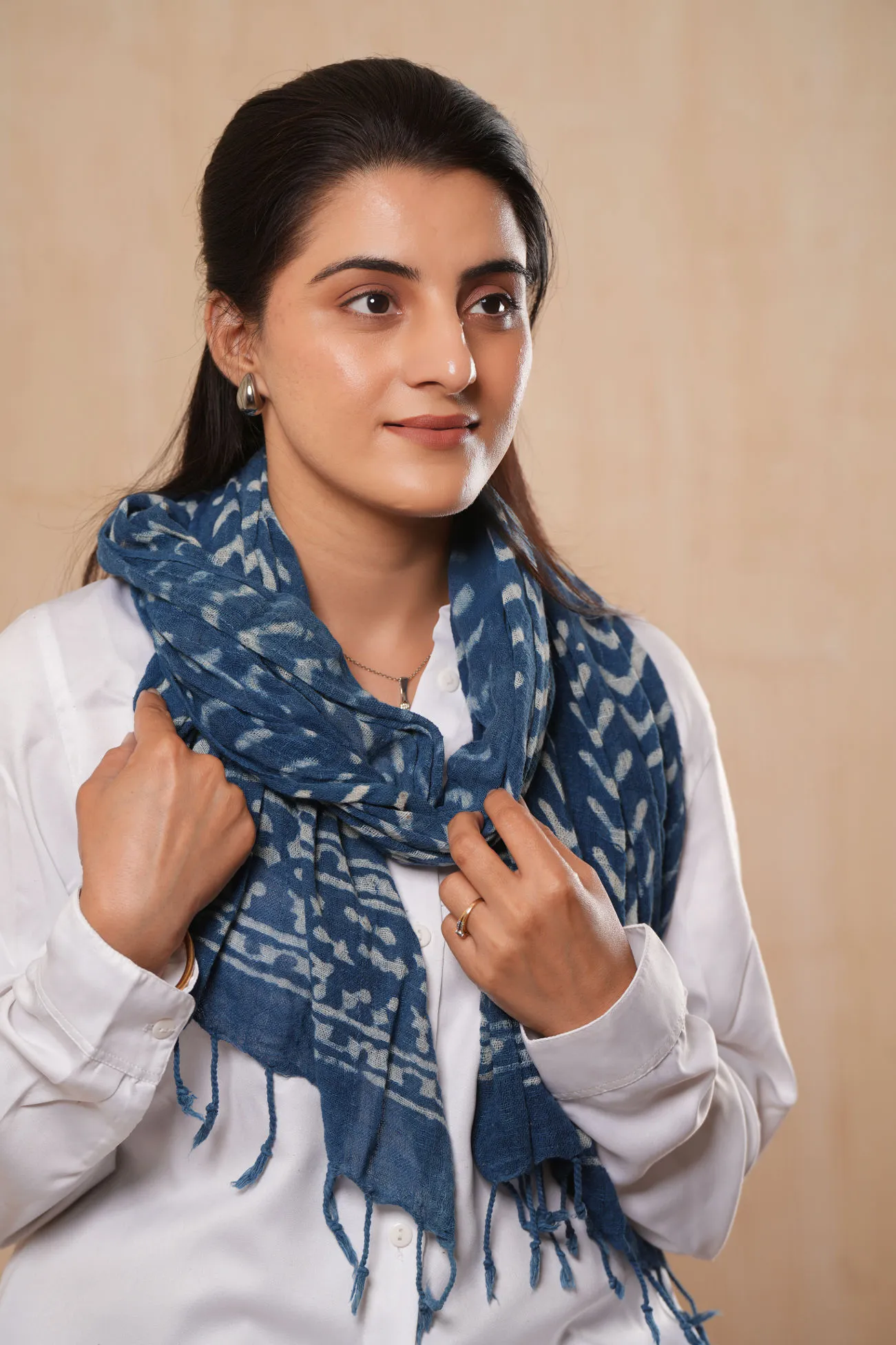 Geometric Hand Printed Cotton Indigo Blue Scarf - #D7