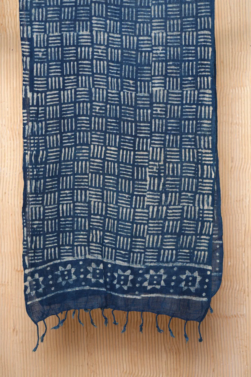 Hand Printed Cotton Indigo Blue Scarf - #D8