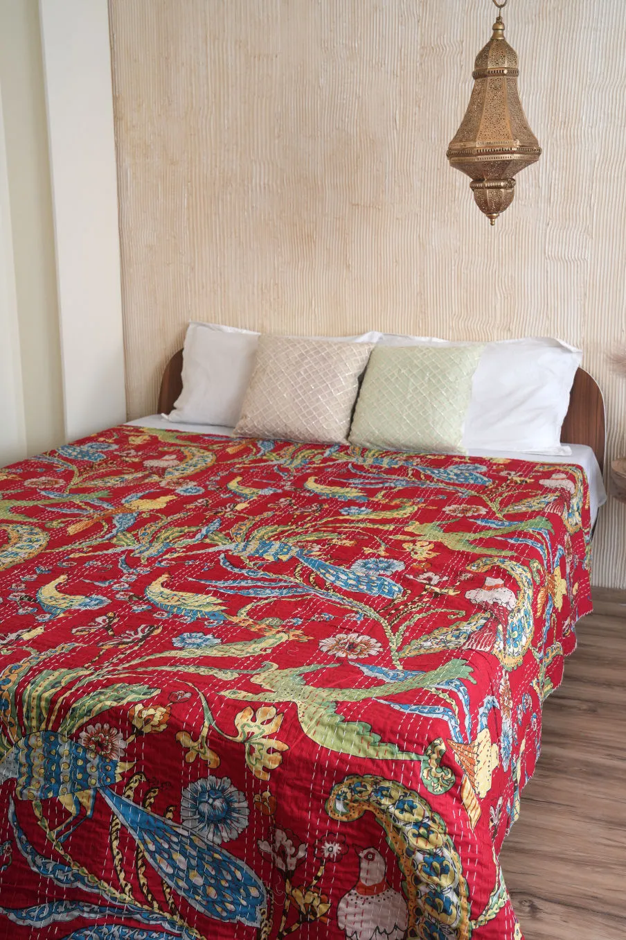 Peacock Kantha Quilt - Red