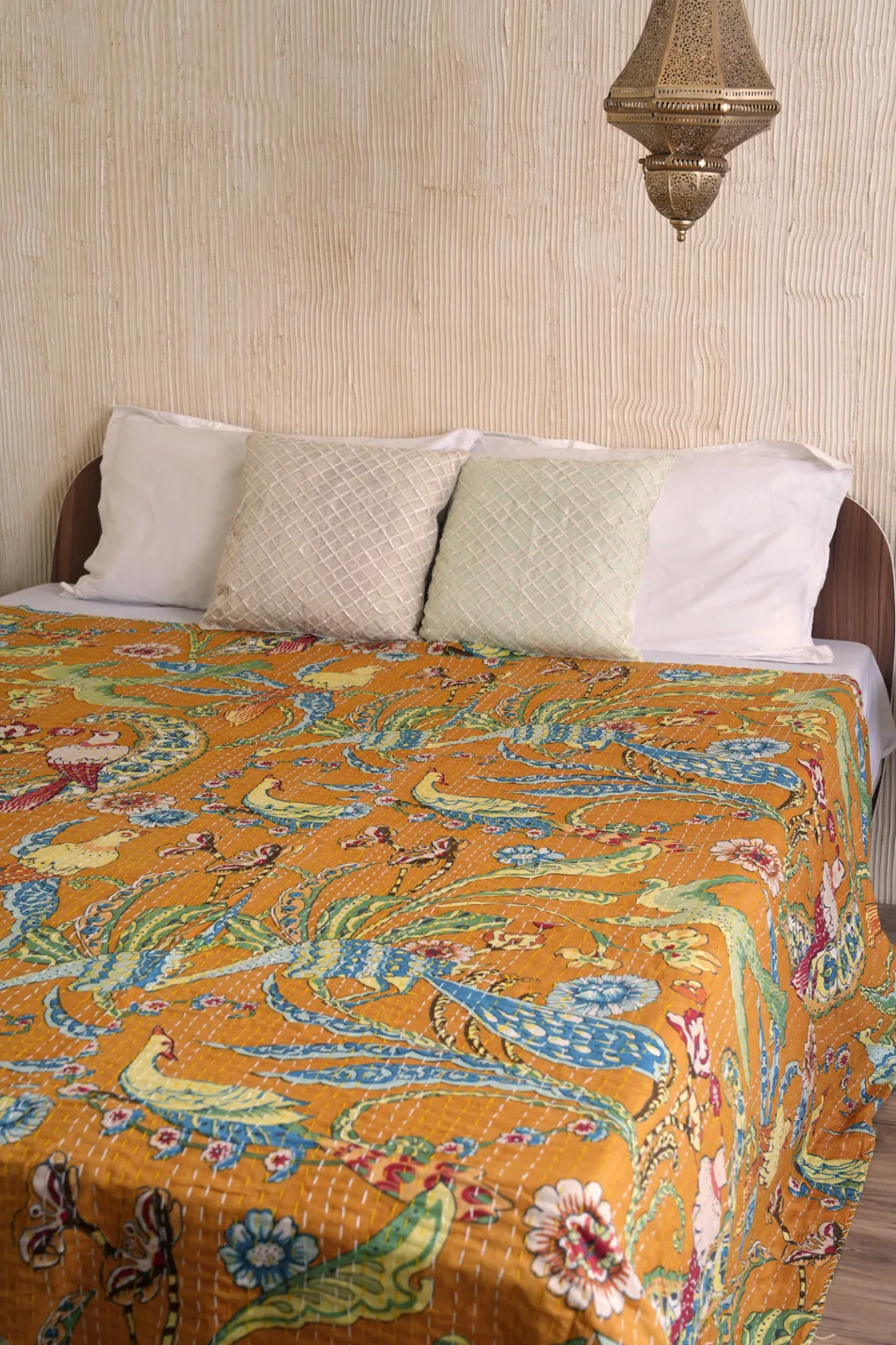 Peacock Kantha Quilt - Mustard Yellow