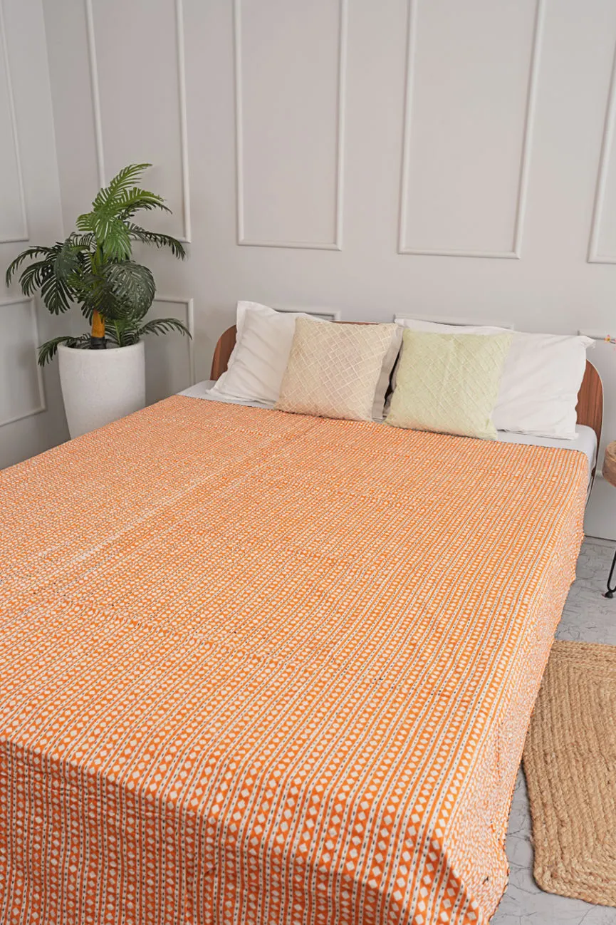 Traditional Hand Block Printed Orange Queen Diamond Kantha Quilt