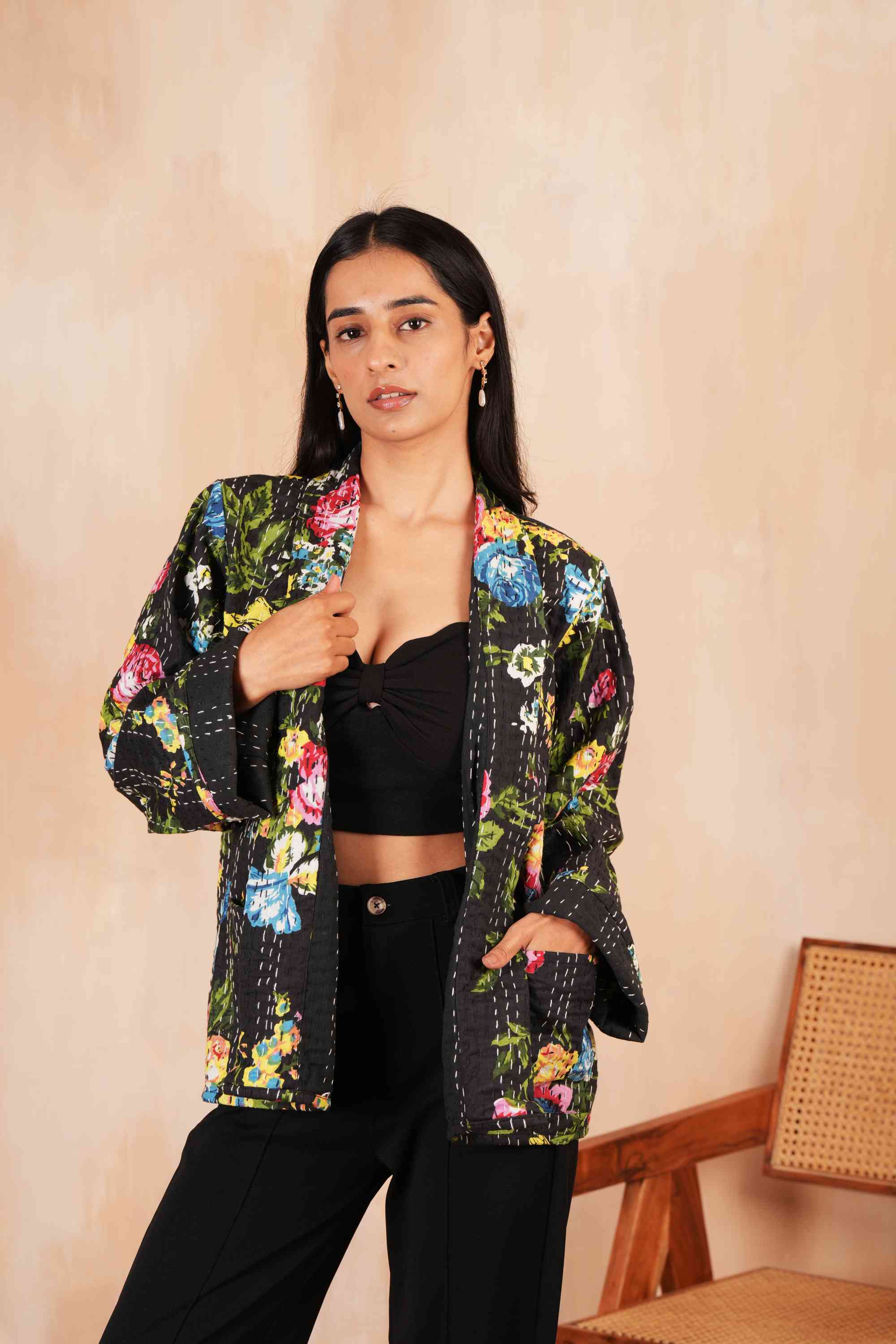 Black Floral Cotton Handmade Kantha Jacket