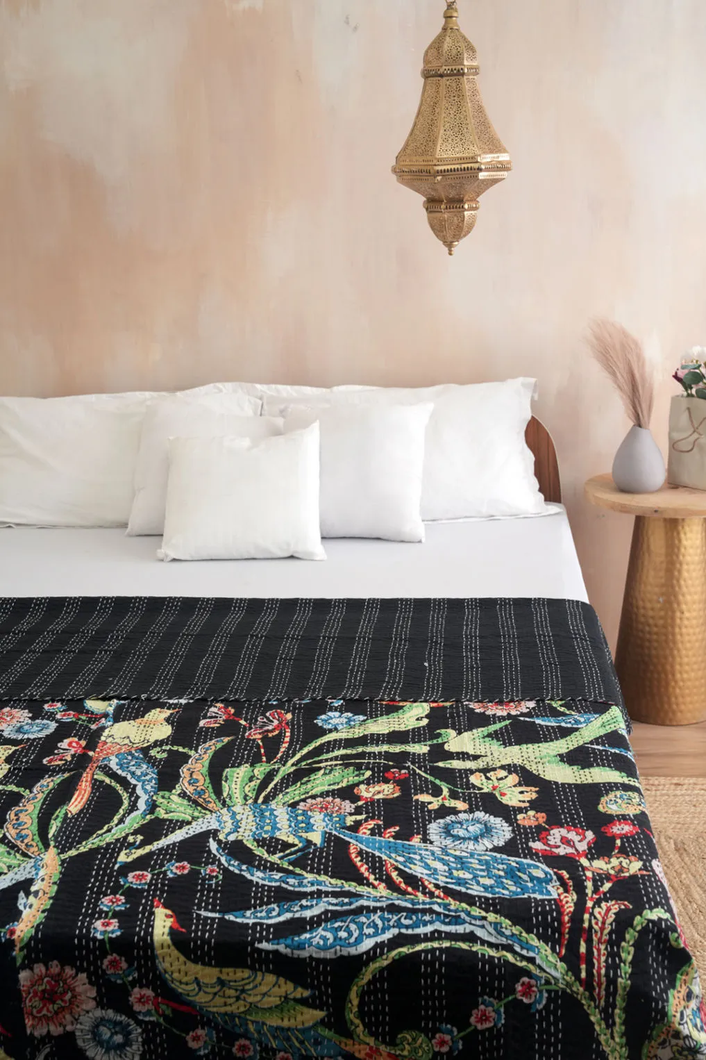 Peacock Kantha Bedspread - Black