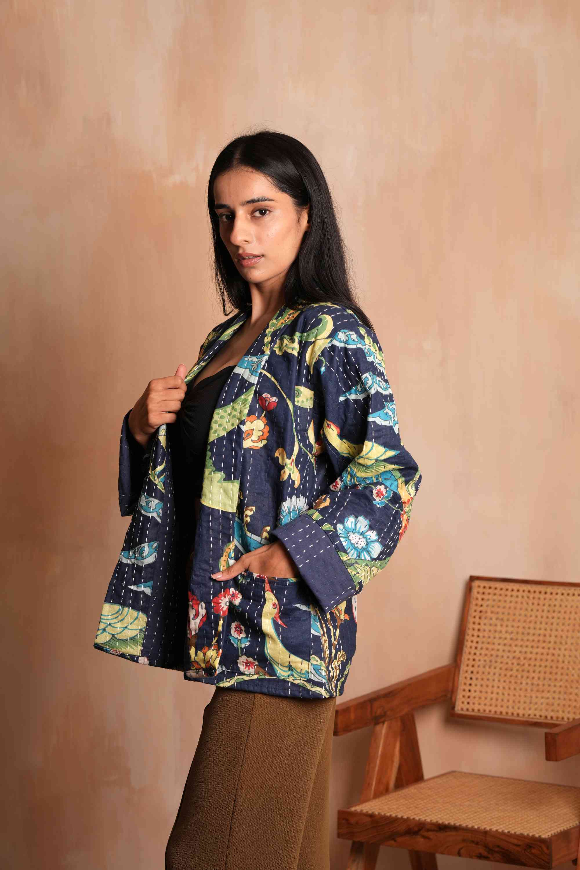 Blue Peacock Cotton Kantha Jacket