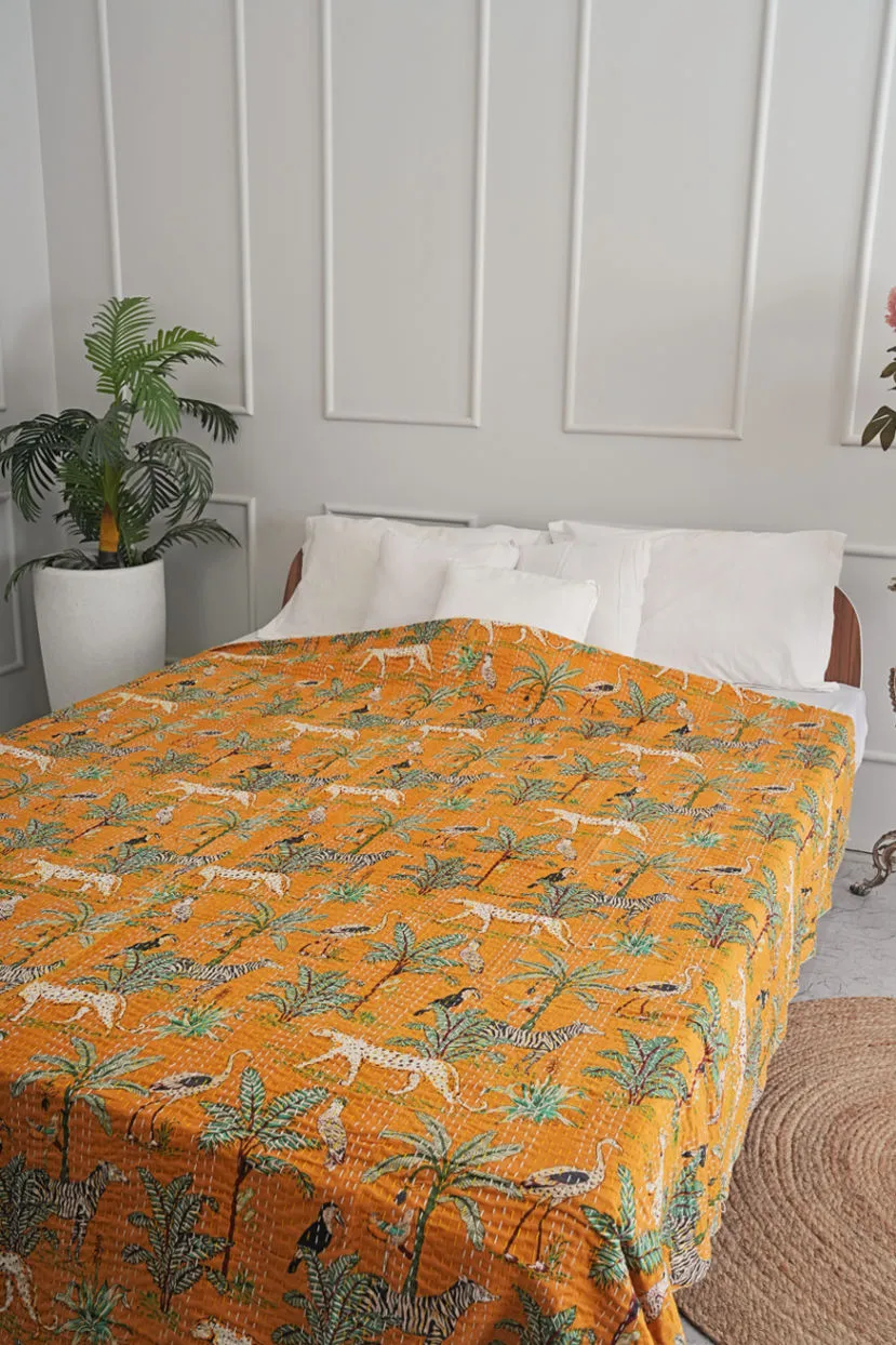 Cheetah Jungle Animal Print Handmade Kantha Quilt - Mustard Yellow