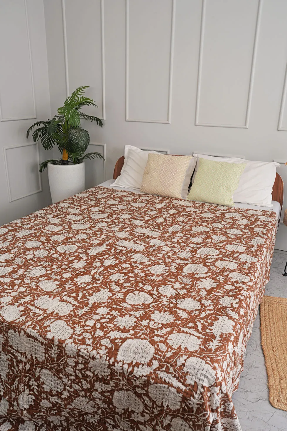 Brown Minimalist Hand Printed Indian Cotton Kantha Quilt