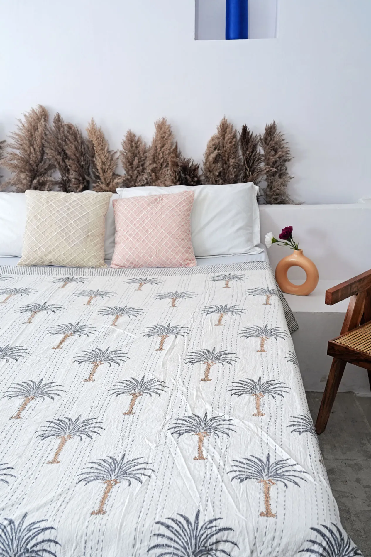 Palm Tree Kantha Quilt - Grey