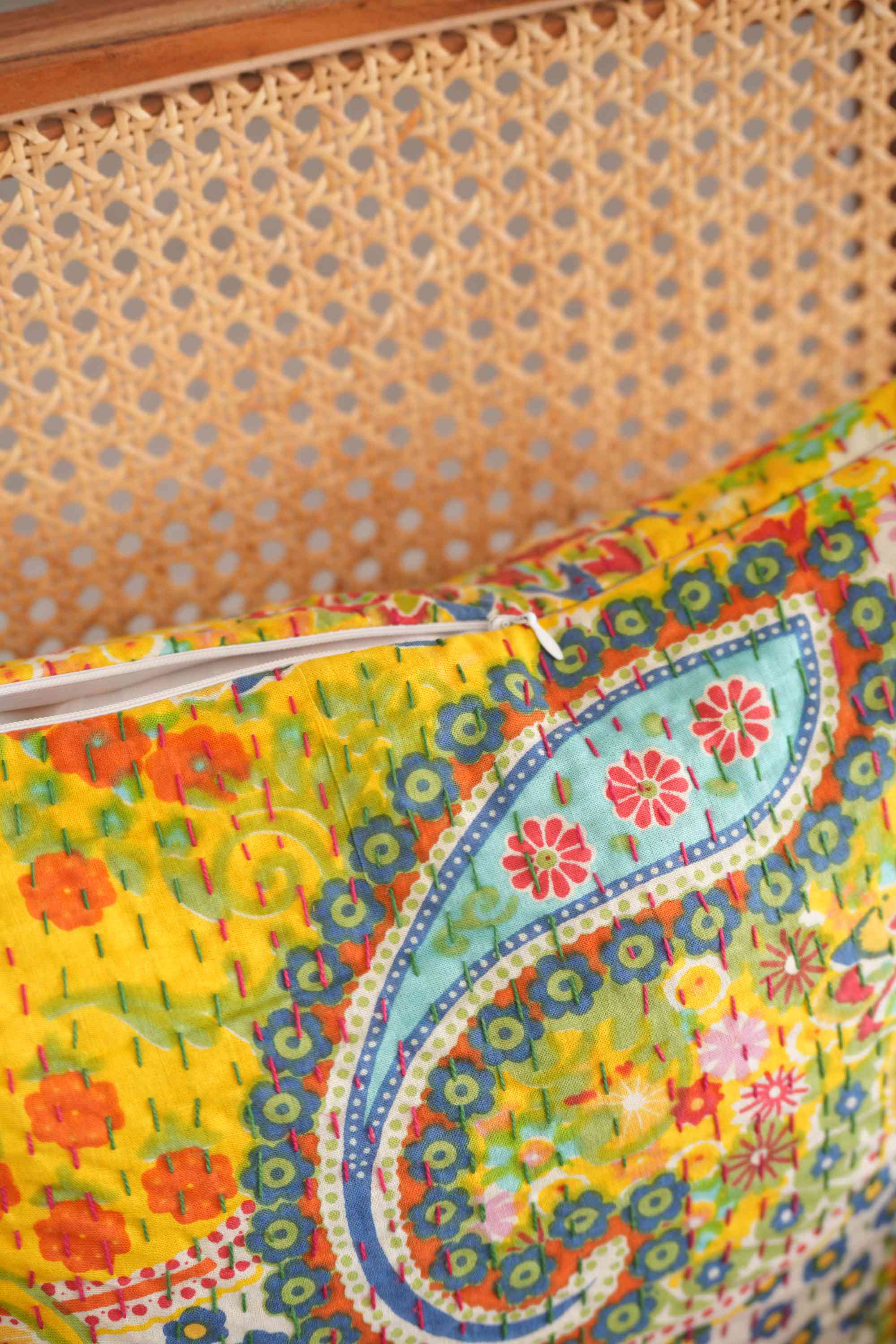 Handmade Cotton Flower Print Kantha Cushion Cover Yellow