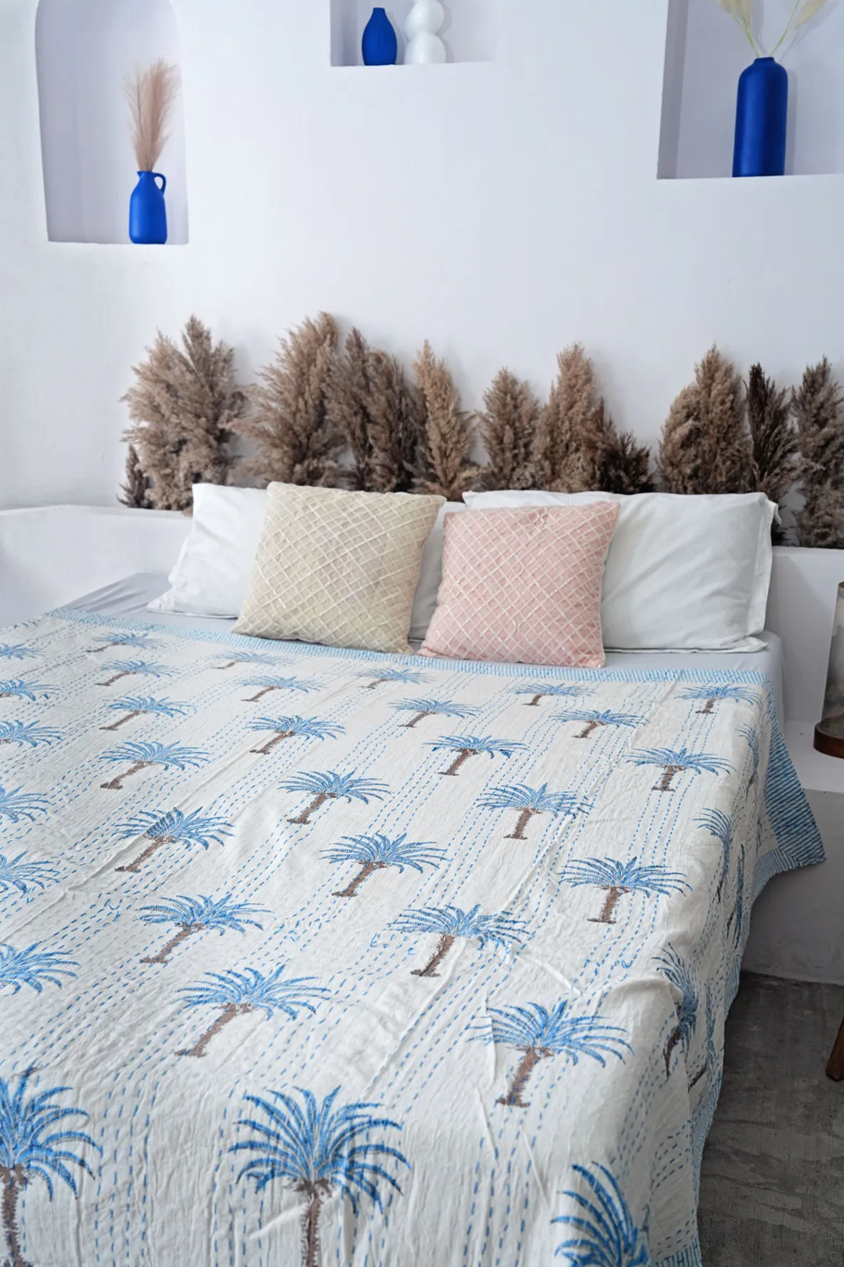 Palm Tree Kantha Quilt - Blue