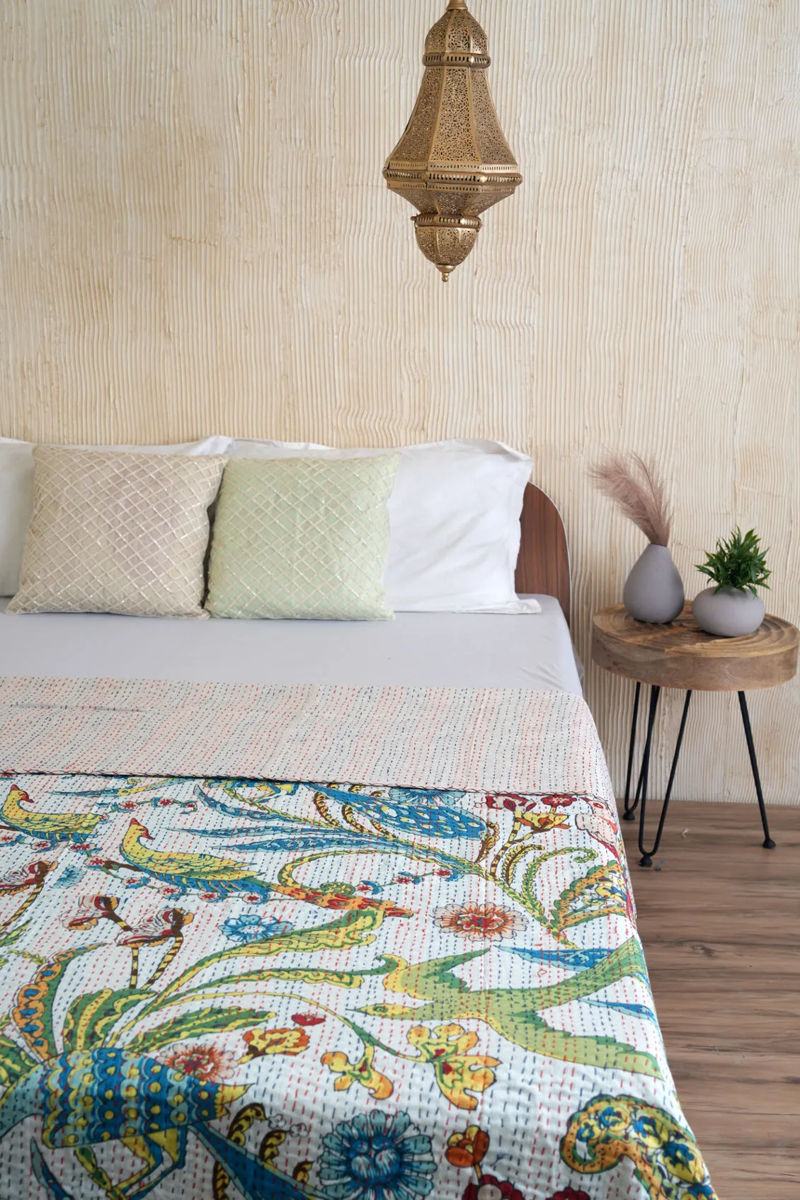 Peacock Kantha Quilt - White