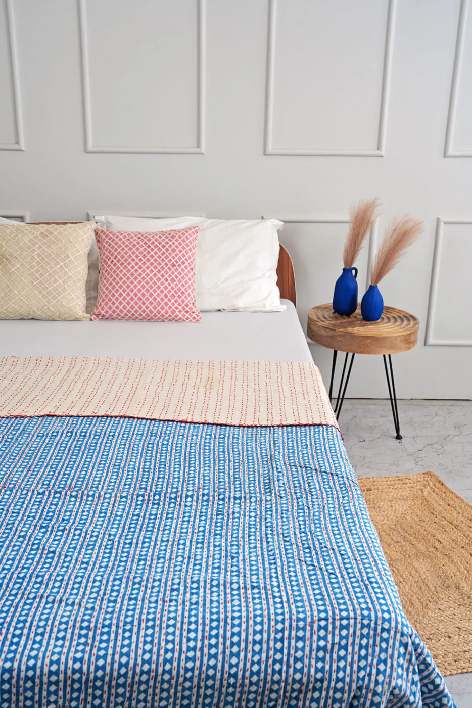 Indigo Hand Block Printed Diamond Kantha Bedspread