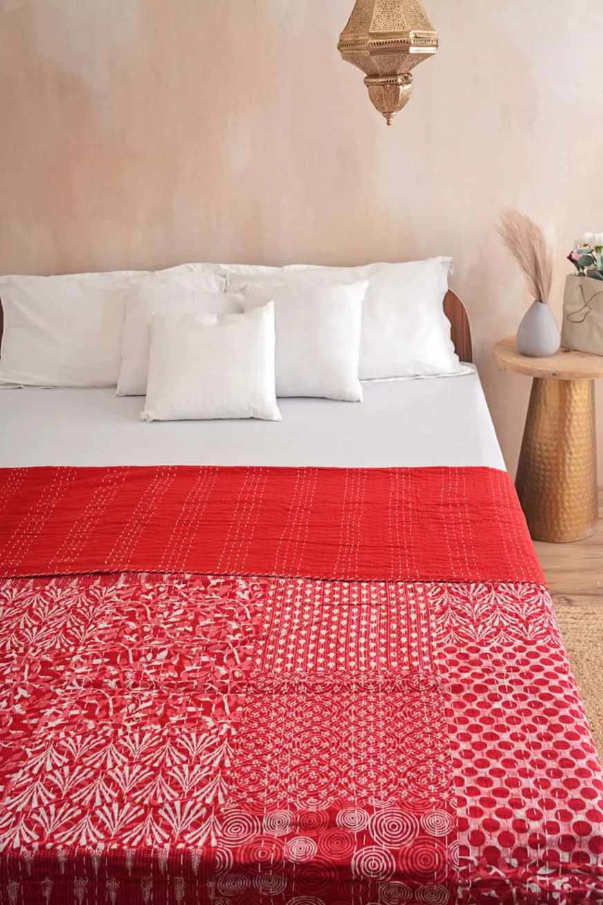 Red Patchwork Field Cotton Kantha Quilt