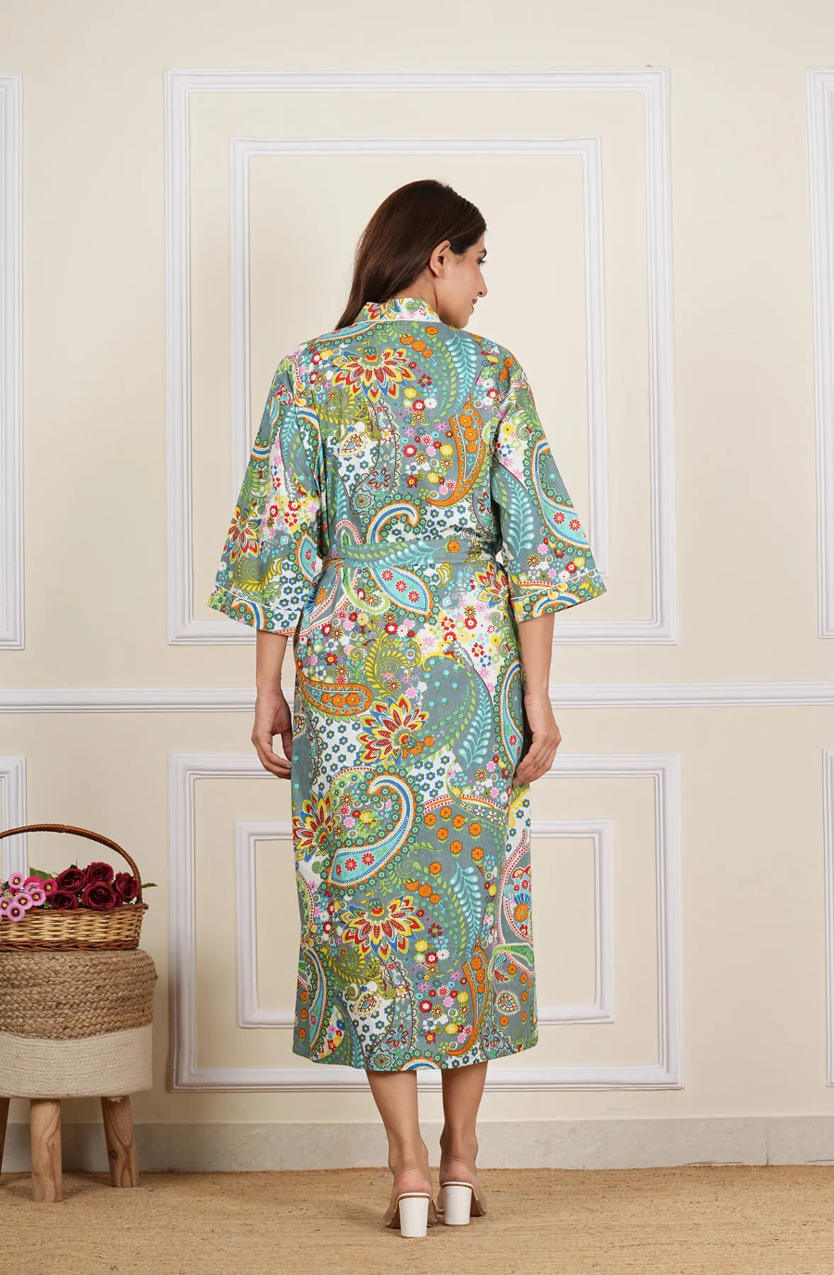 Grey Paisley Cotton Kimono / Bath Robe