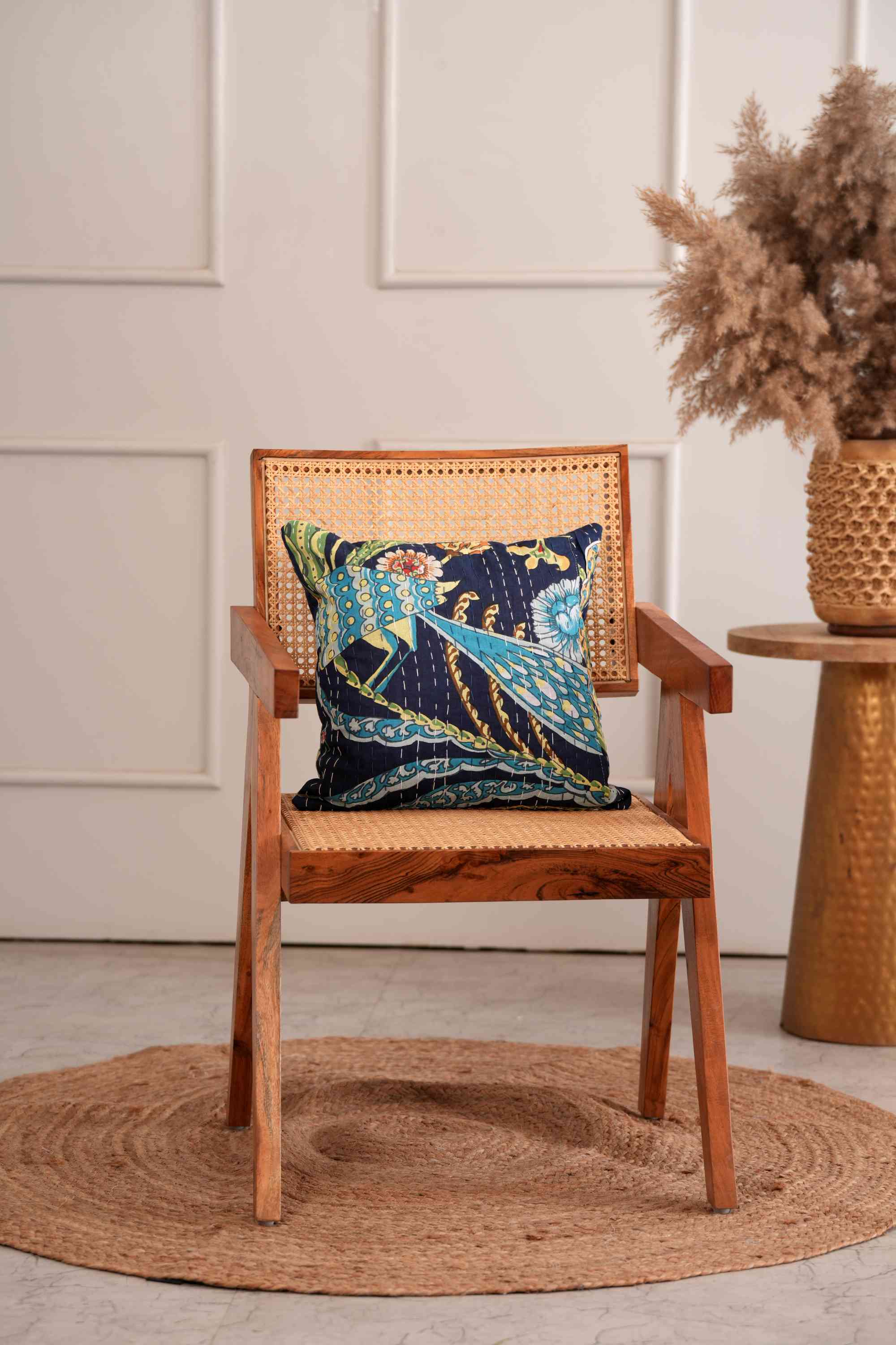 Handmade Cotton Sparrow Printed Kantha Cushion Cover Blue