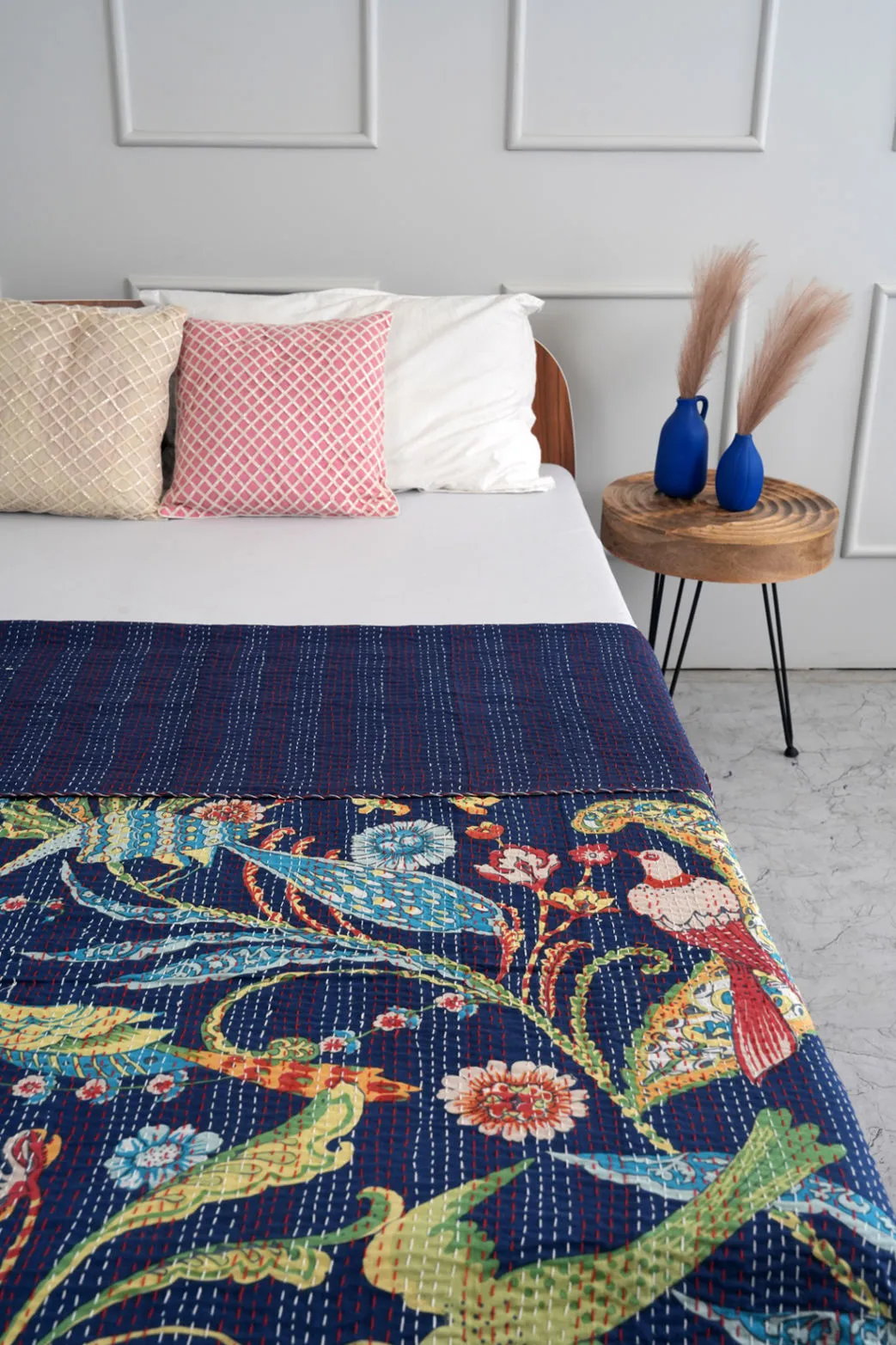 Peacock Kantha Quilt - Blue