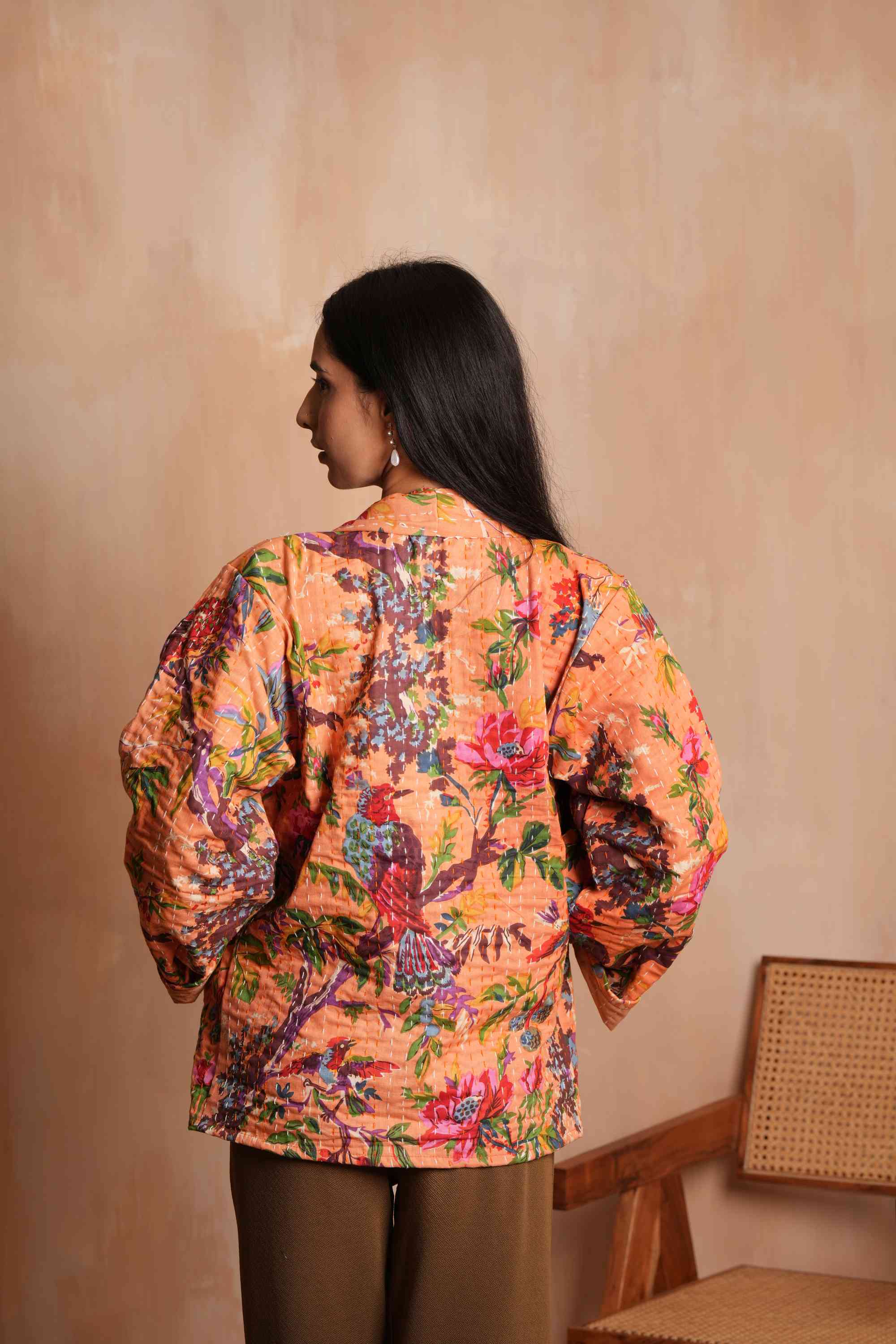 Handmade Flower Cotton Kantha Jacket Peach