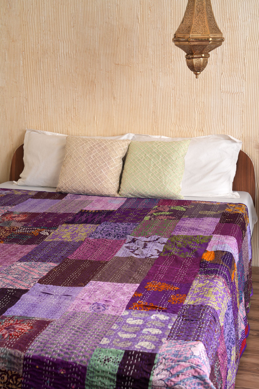 Silk Sari Kantha Quilt Purple Patchwork Bedspread