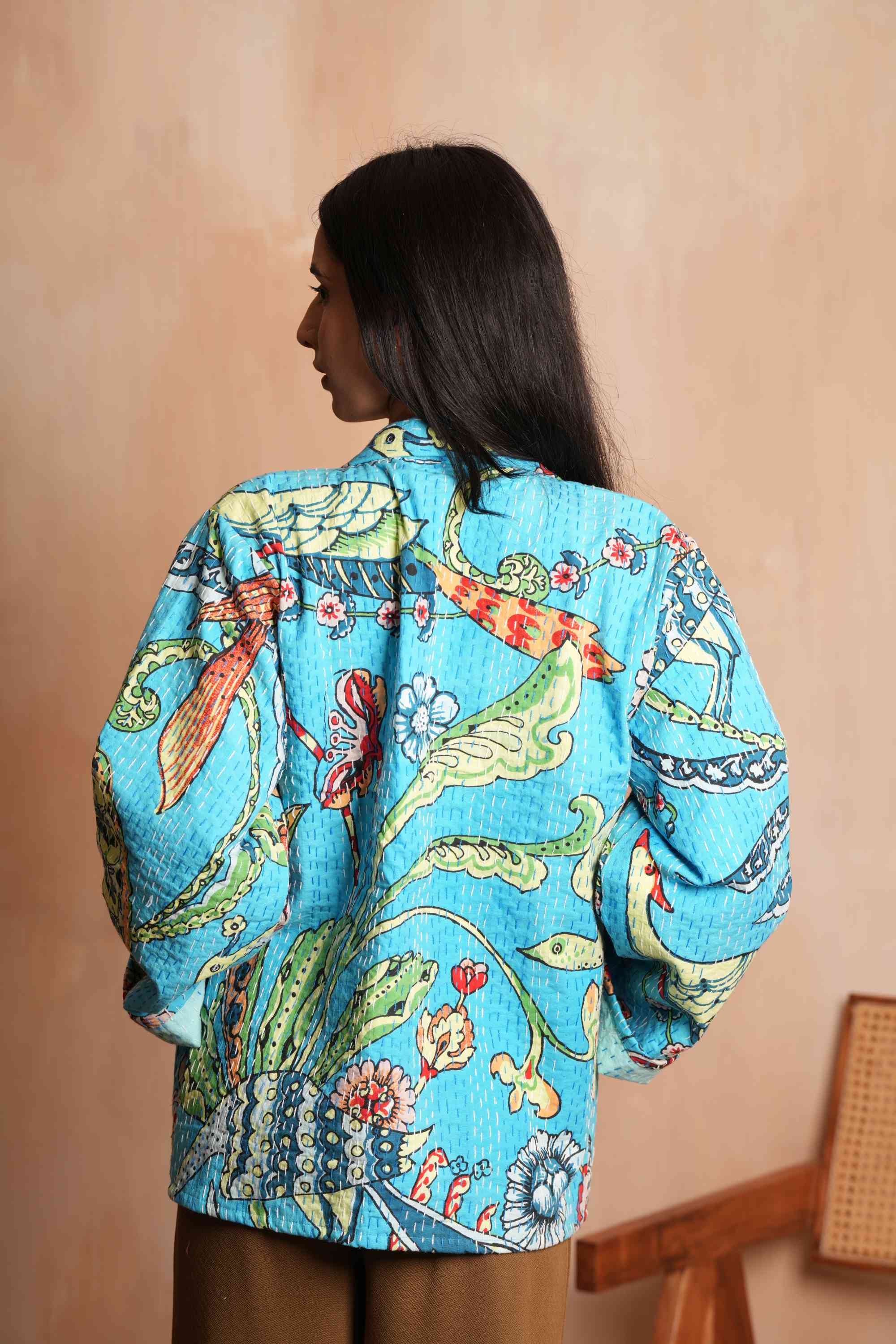 Turquoise Handmade Peacock Cotton Kantha Jacket