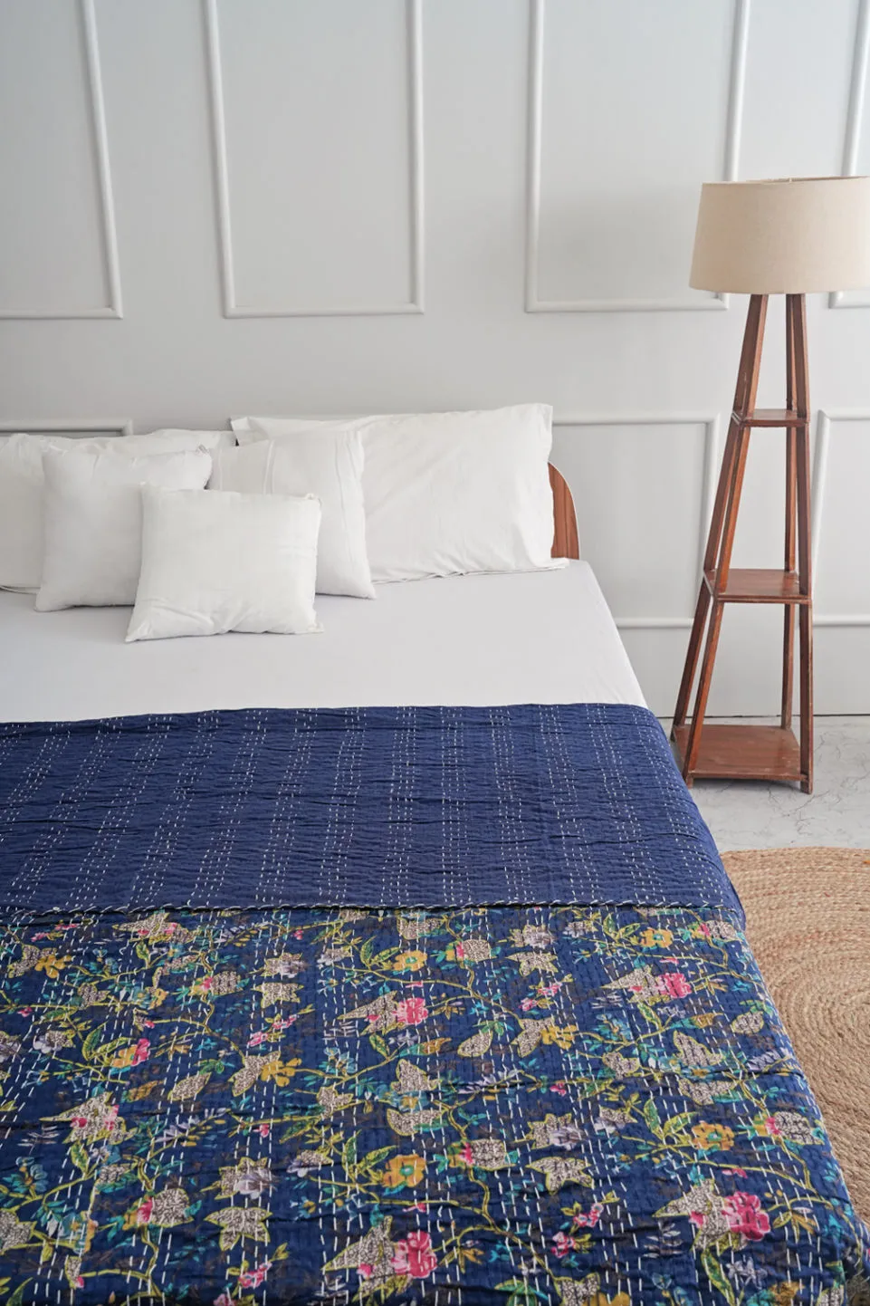 Blue Floral Kantha Bedspread