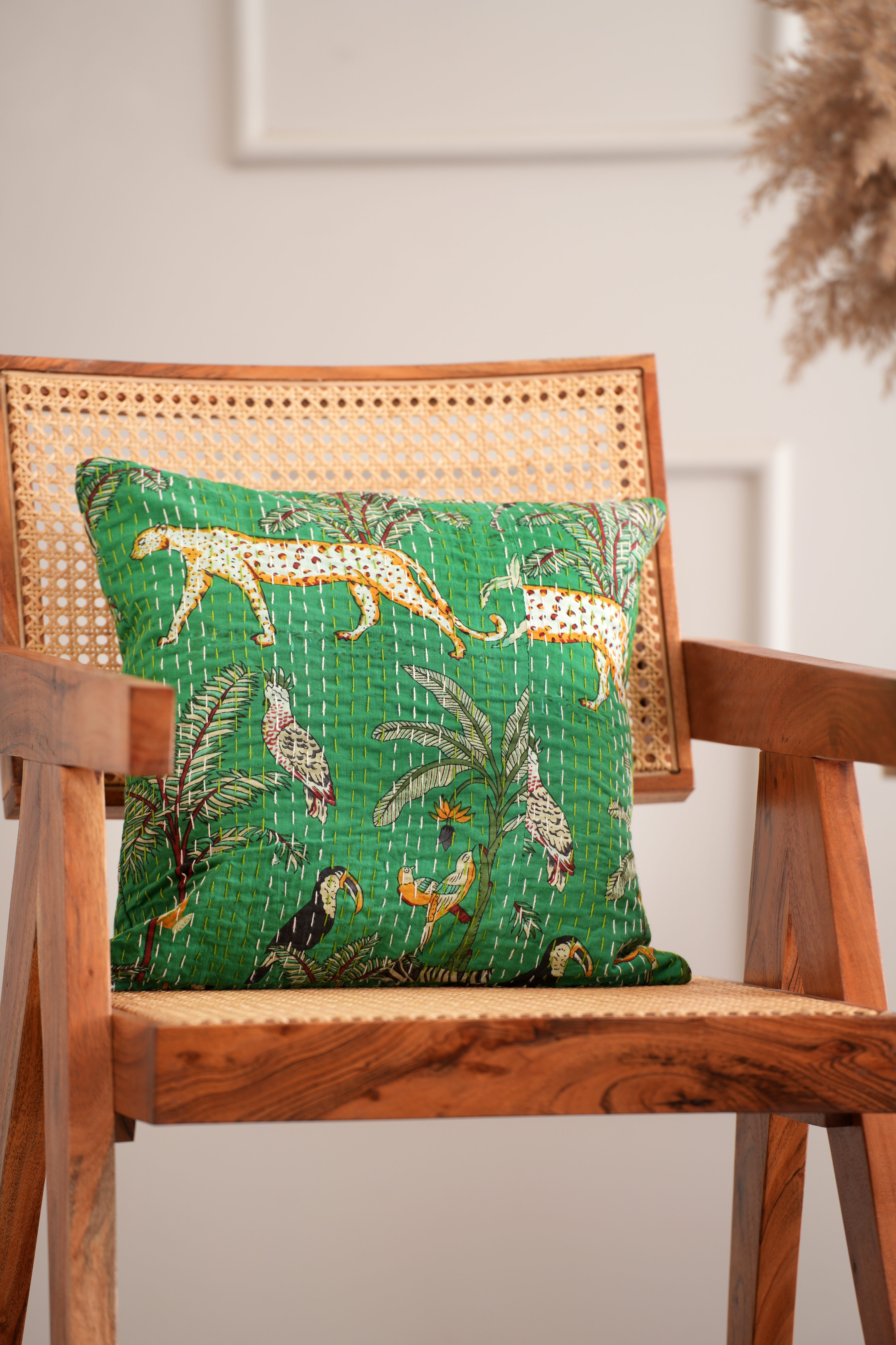 Handmade Cotton Jangal Print Kantha Cushion Cover Green