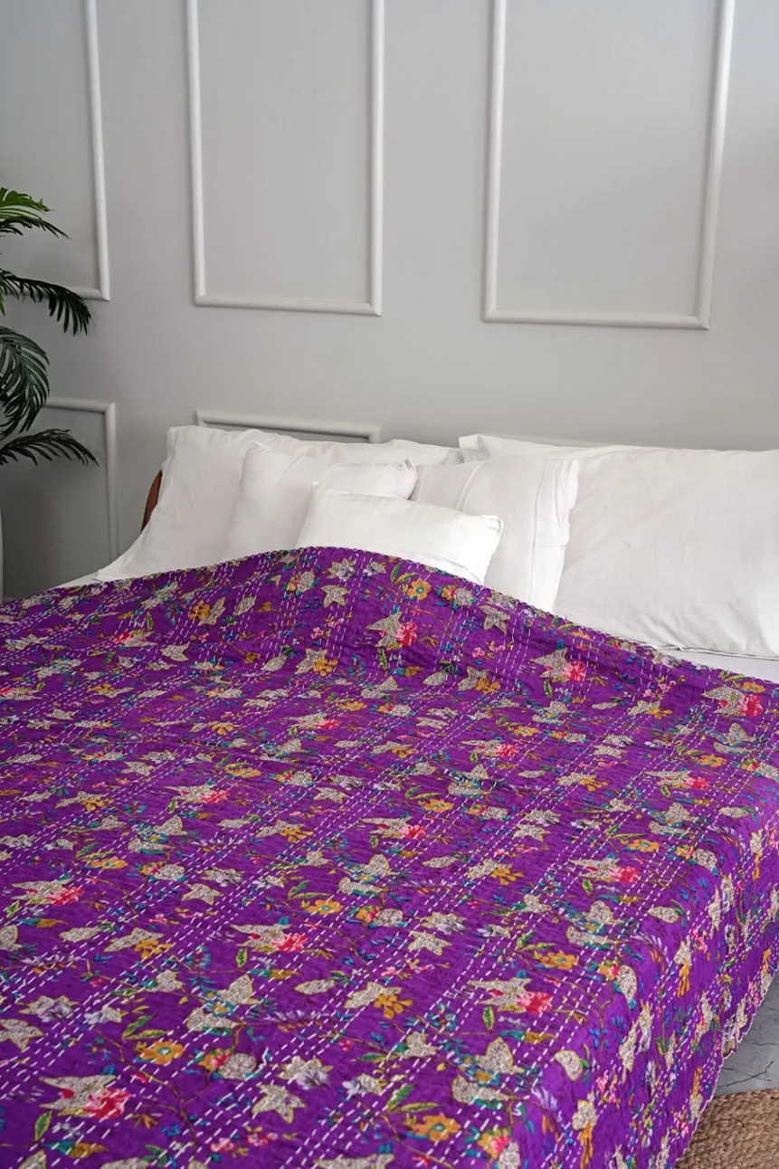 Purple Floral Handmade Cotton Kantha Quilt