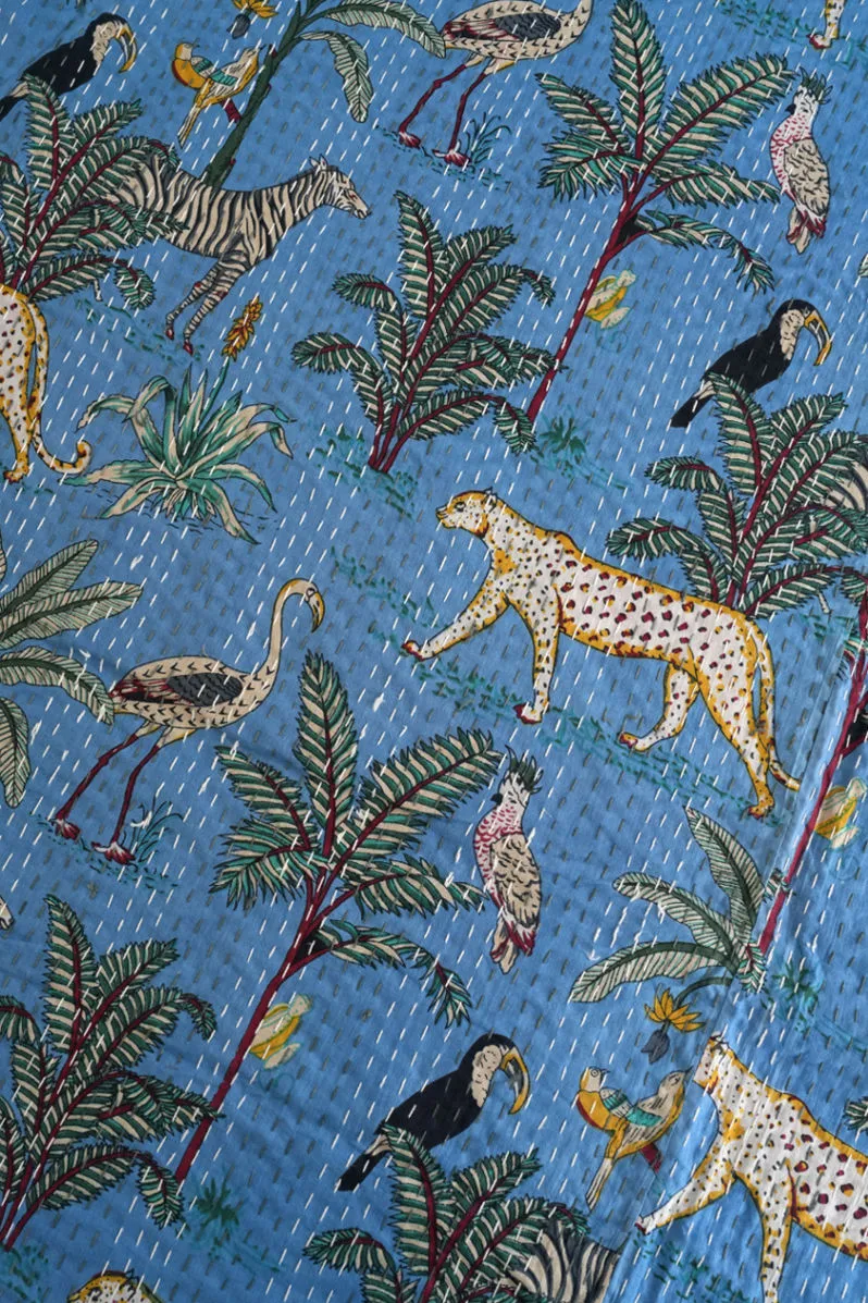 Blue Safari Cheetah Jungle Kantha Quilt