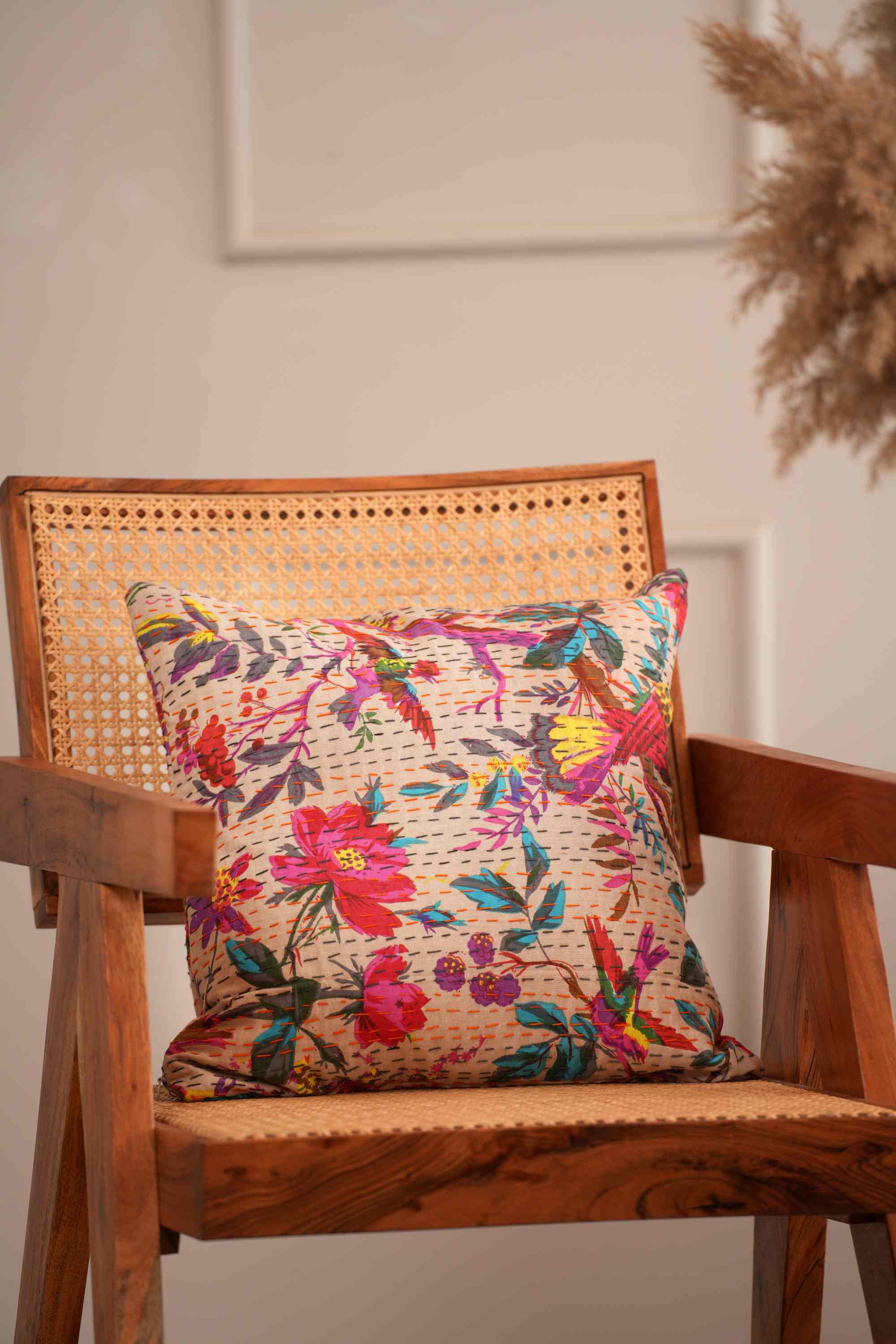 Handmade Cotton Sparrow Printed Kantha Cushion Cover