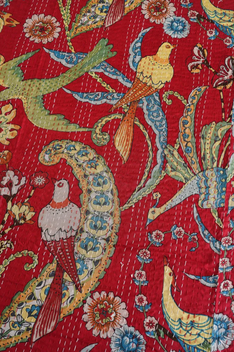 Peacock Kantha Quilt - Red