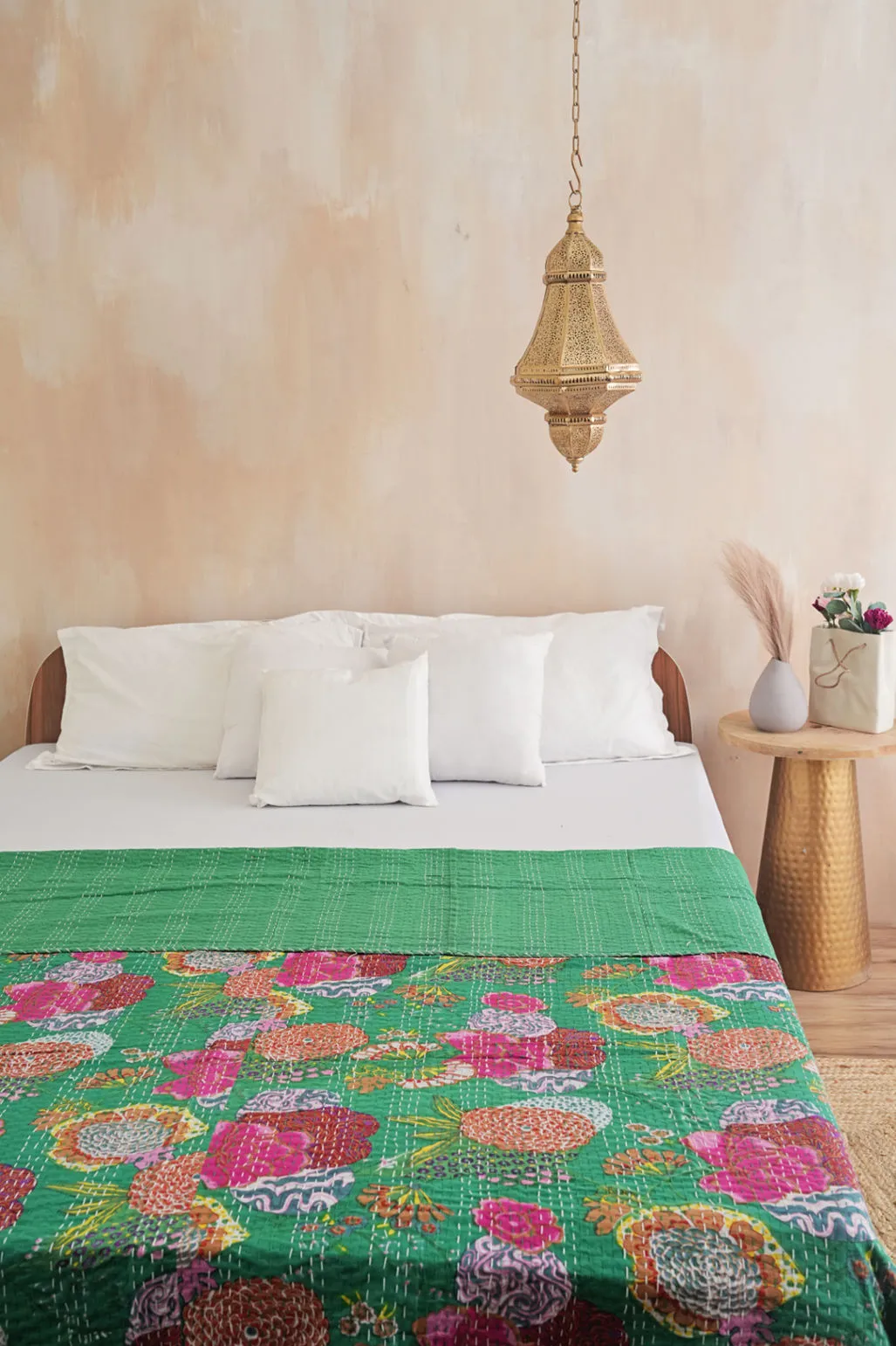 Green Printed Cotton Kantha Quilt