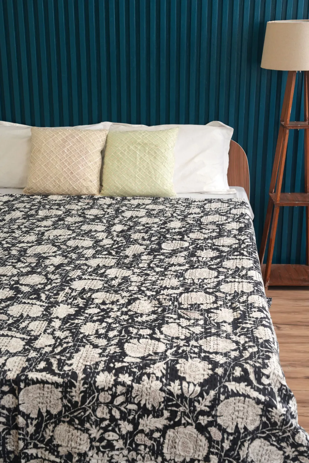 Black Minimal Cotton Kantha Quilt