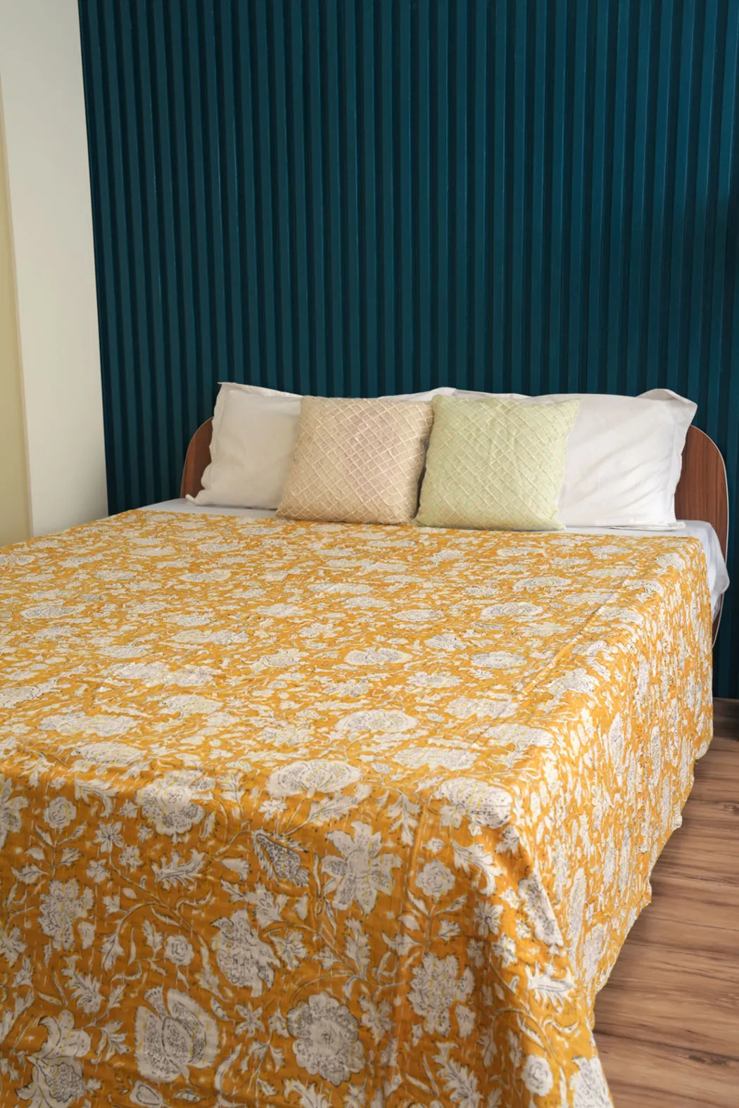 Mustard Yellow Kantha Quilt, Indian Handmade Bedspread, Minimalist Bedding, Unique Home Decor