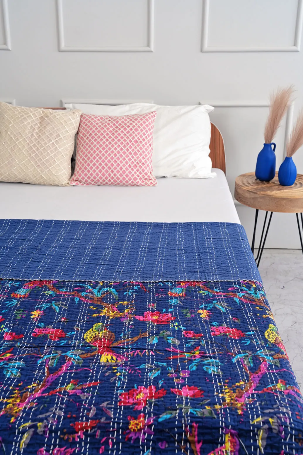 Blue Birds & Flowers Kantha Bedspread