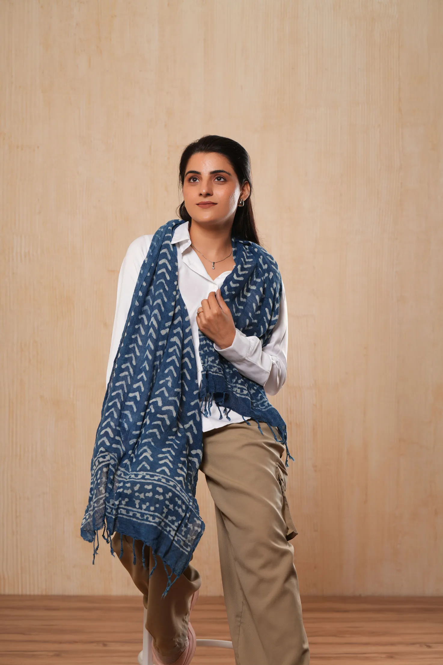 Geometric Hand Printed Cotton Indigo Blue Scarf - #D7