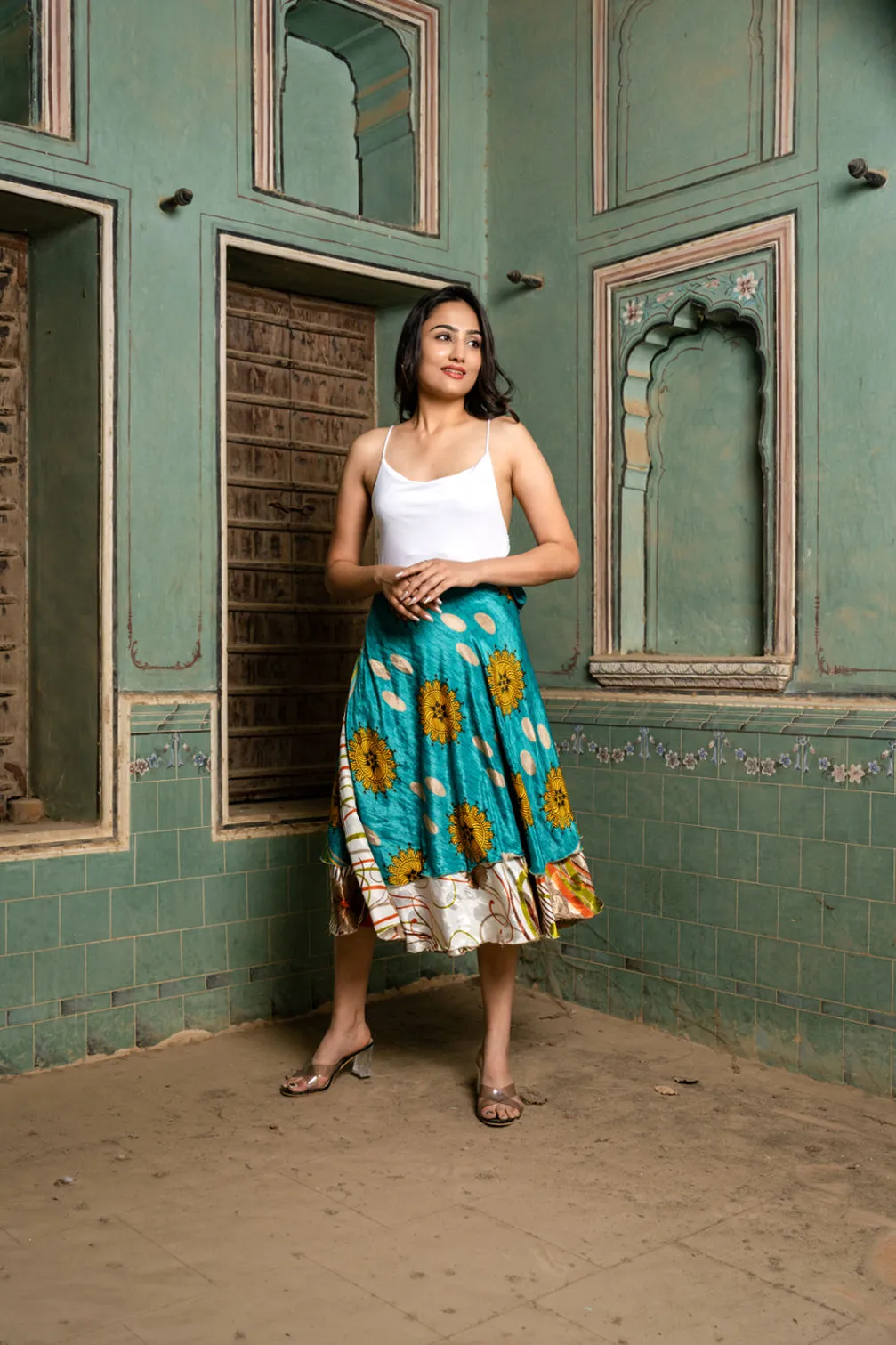 Floral Silk Sari Wrap Skirt - Tea Lenght