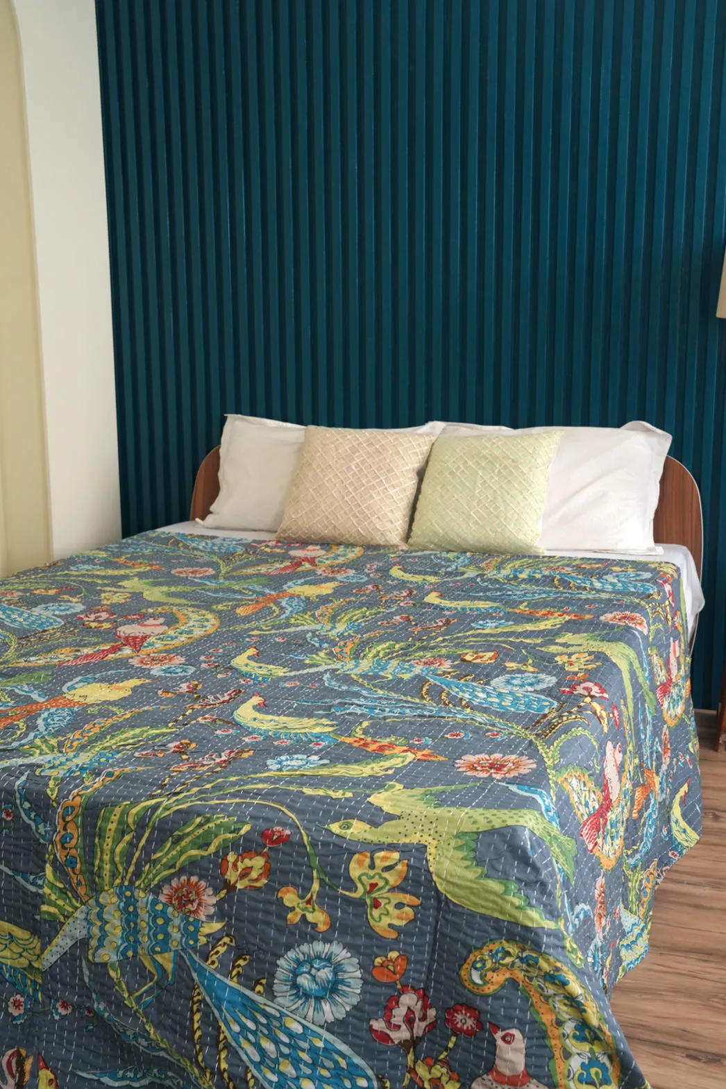 Peacock Kantha Quilt - Grey