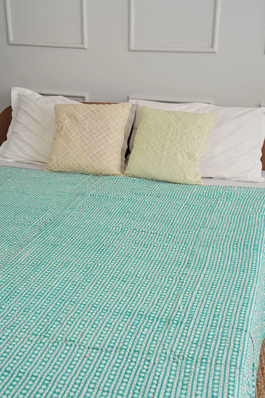 Kantha Quilt in Luxurious Turquoise Diamond Print