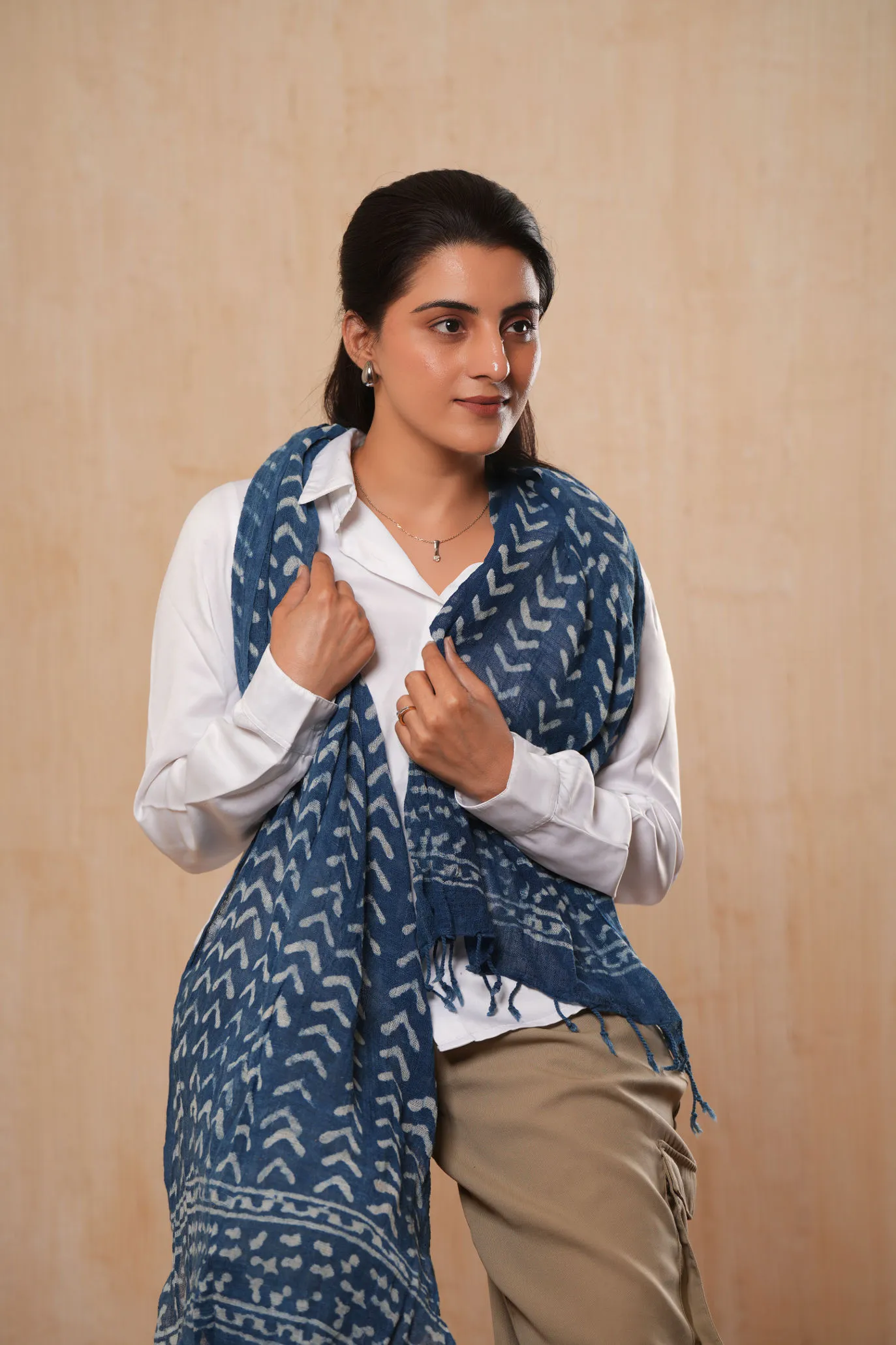 Geometric Hand Printed Cotton Indigo Blue Scarf - #D7