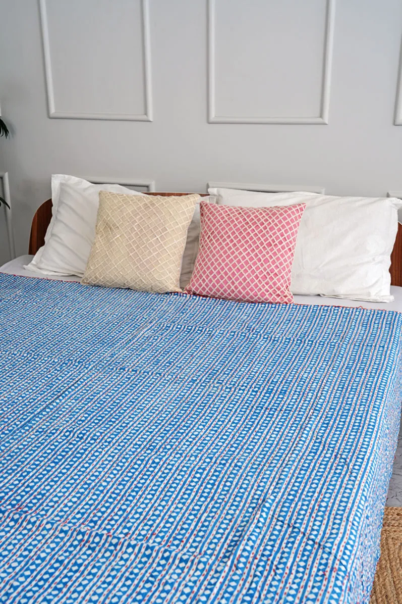 Indigo Hand Block Printed Diamond Kantha Bedspread