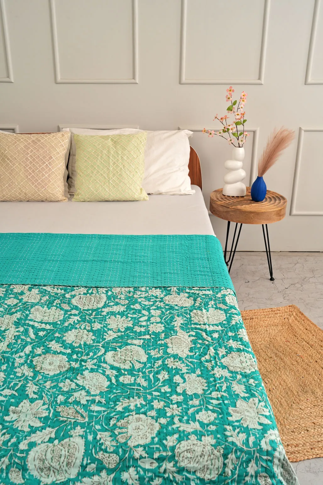 Minimalist Green Leafy Kantha Quilt