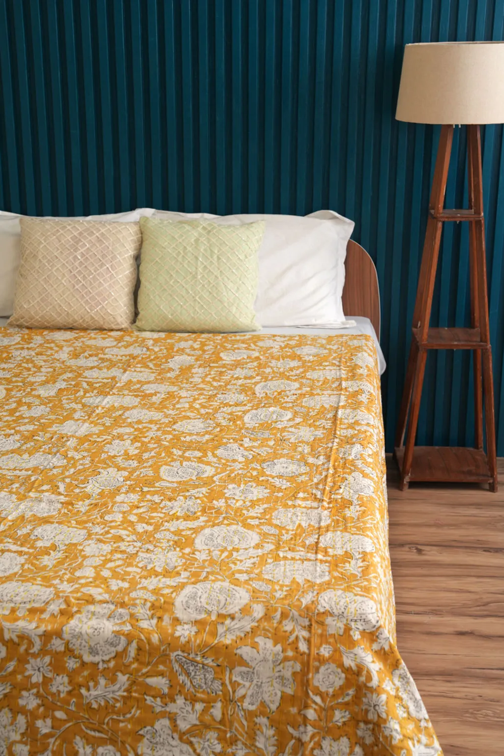 Mustard Yellow Kantha Quilt, Indian Handmade Bedspread, Minimalist Bedding, Unique Home Decor