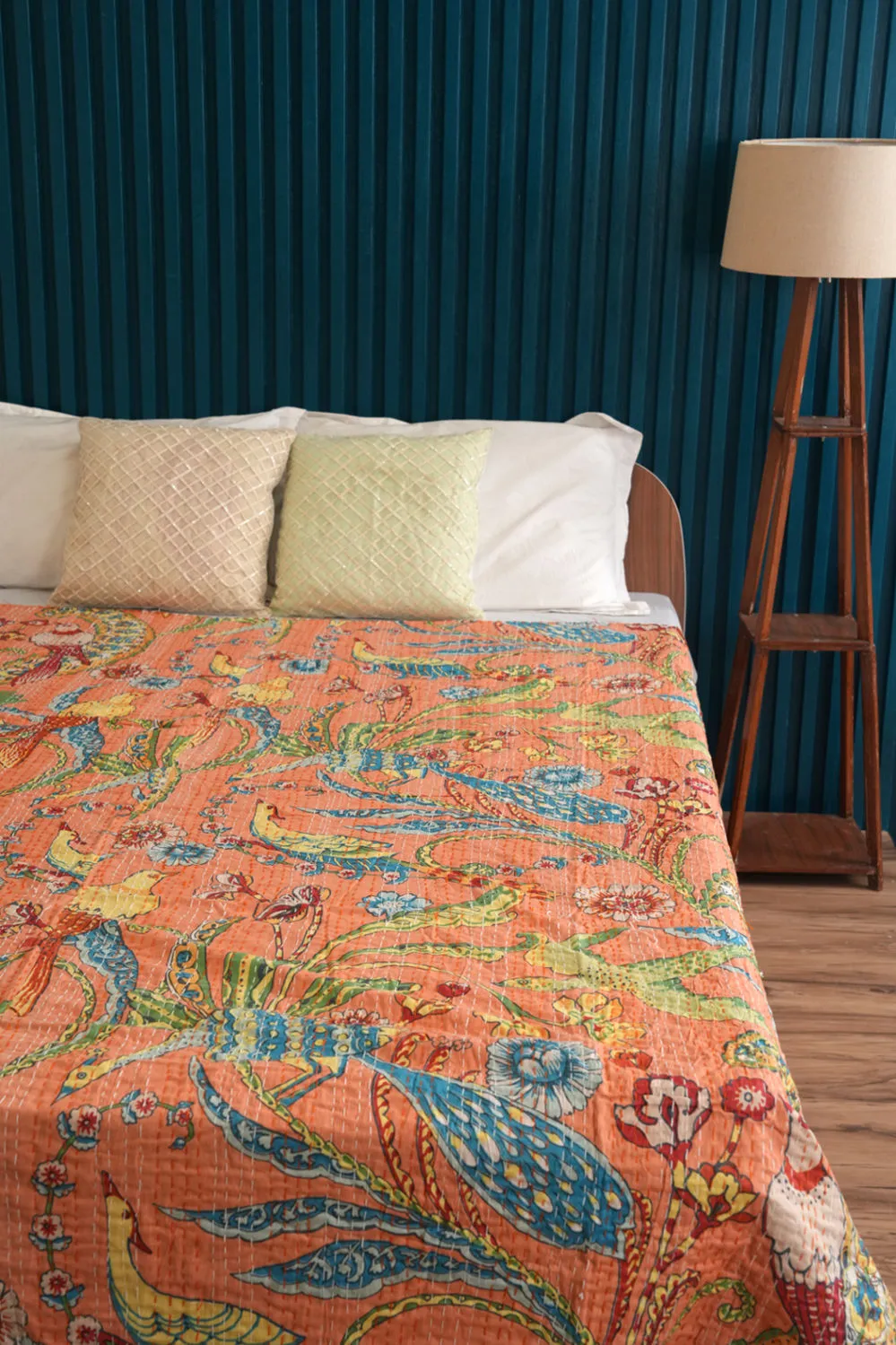 Peacock Kantha Quilt - Peach