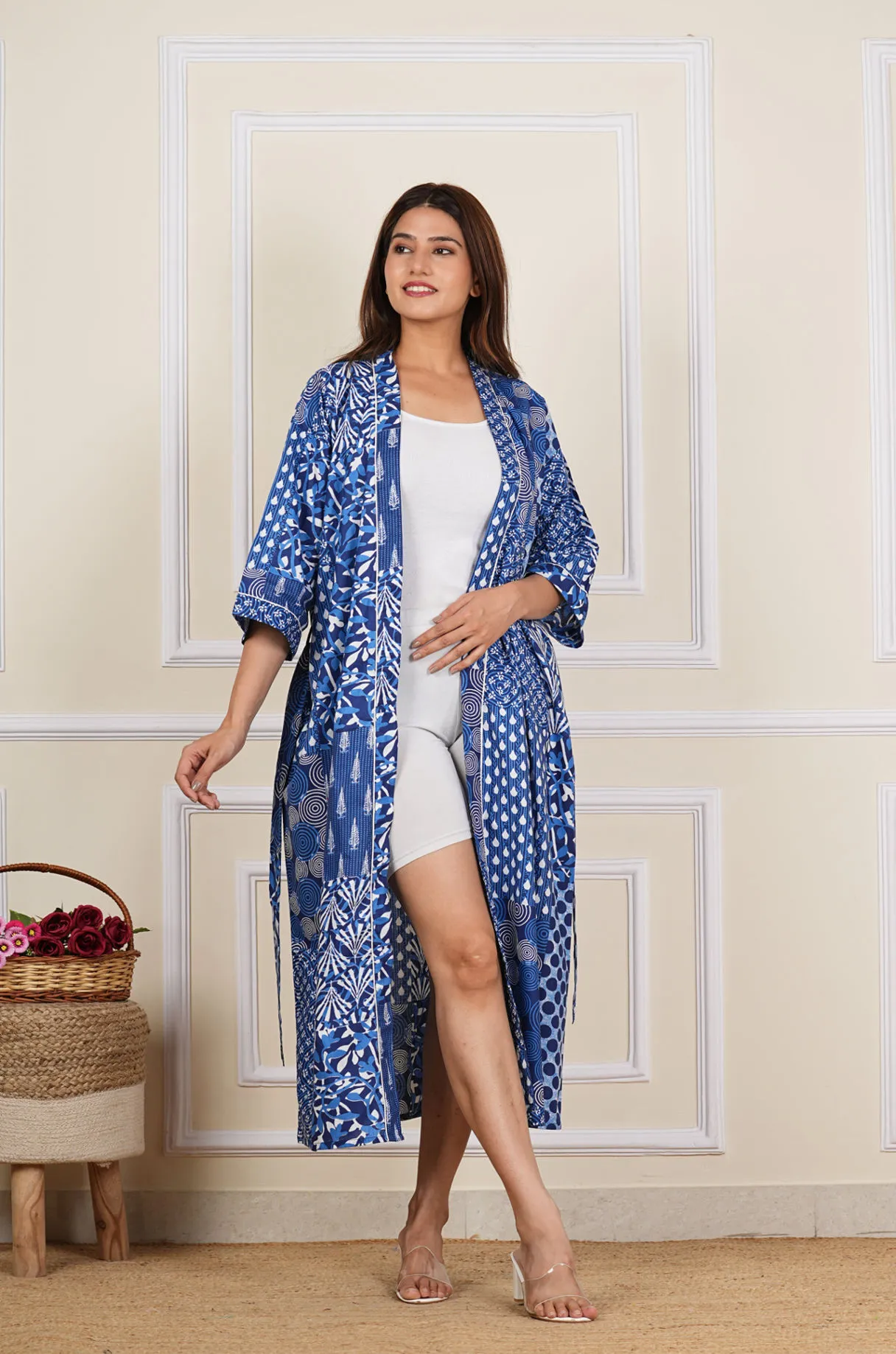 Cotton Indigo Blue White Patchwork Printed House Dressing Robe Spa Kimono Beach Coverup/Comfy Maternity New Mom Couple Set His Her Gift